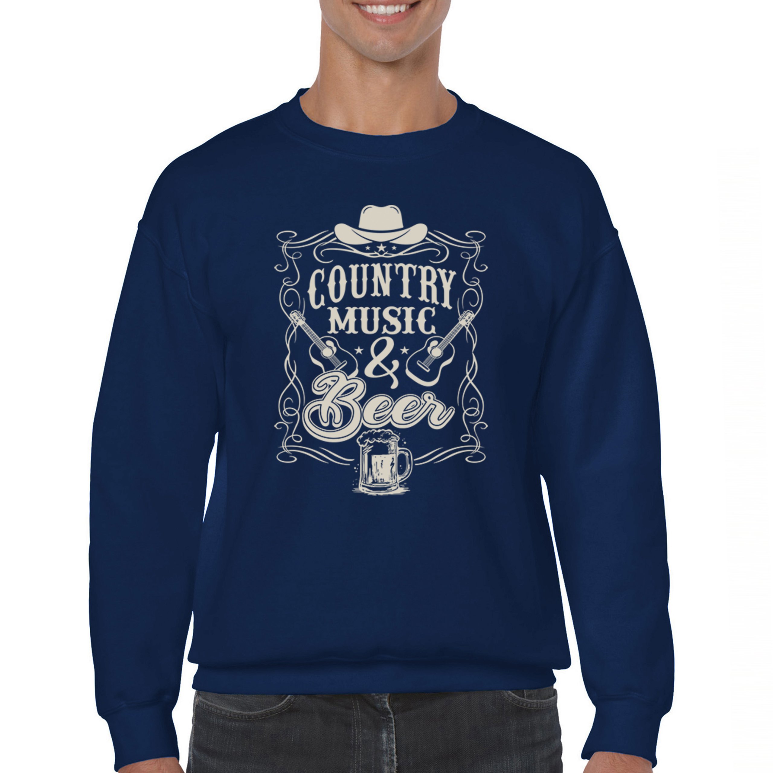 Country Music And Beer Sweatshirt Western Guitar Foamy Beer Mug Humor Crewneck - Picture 23 of 43