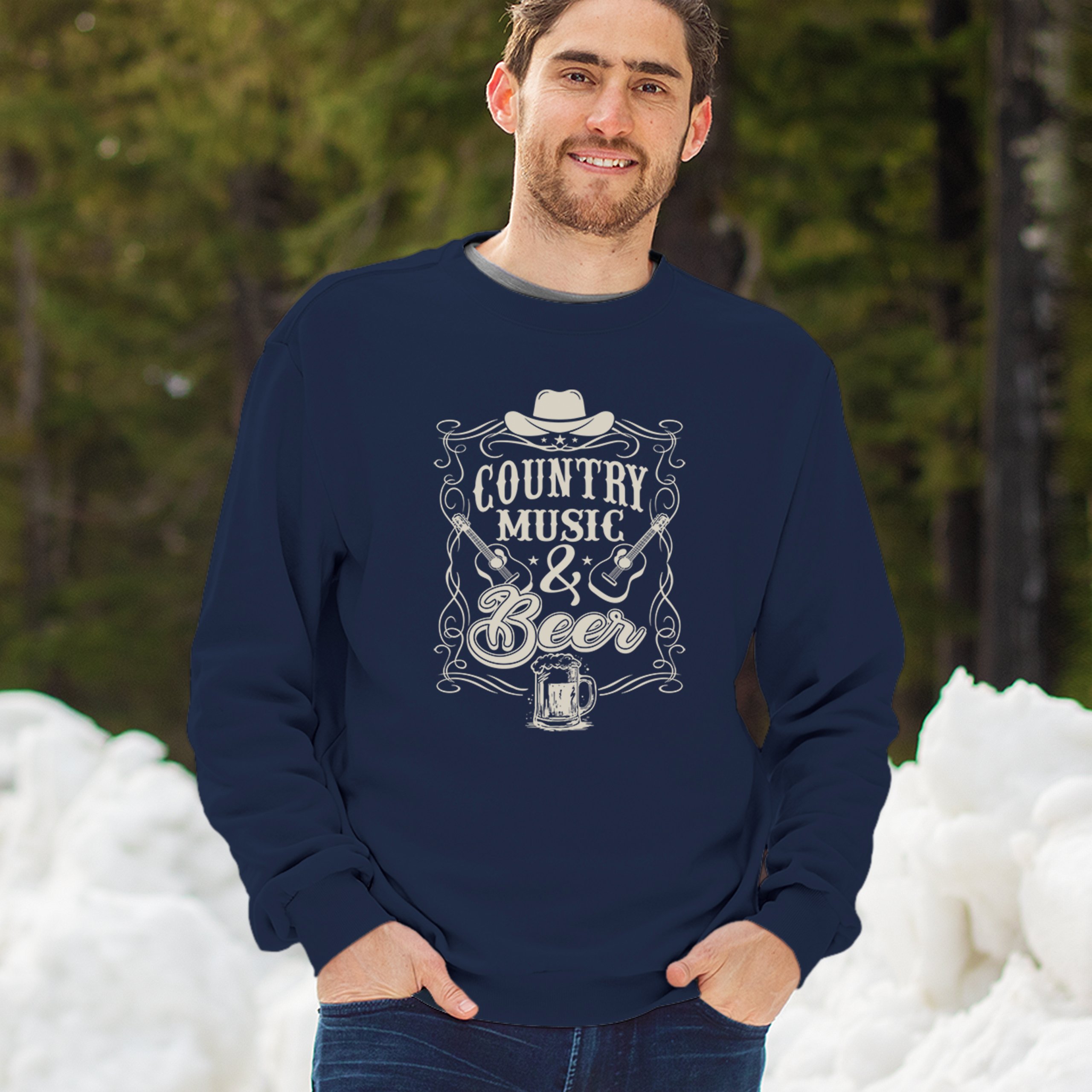 Country Music And Beer Sweatshirt Western Guitar Foamy Beer Mug Humor Crewneck - Picture 26 of 43