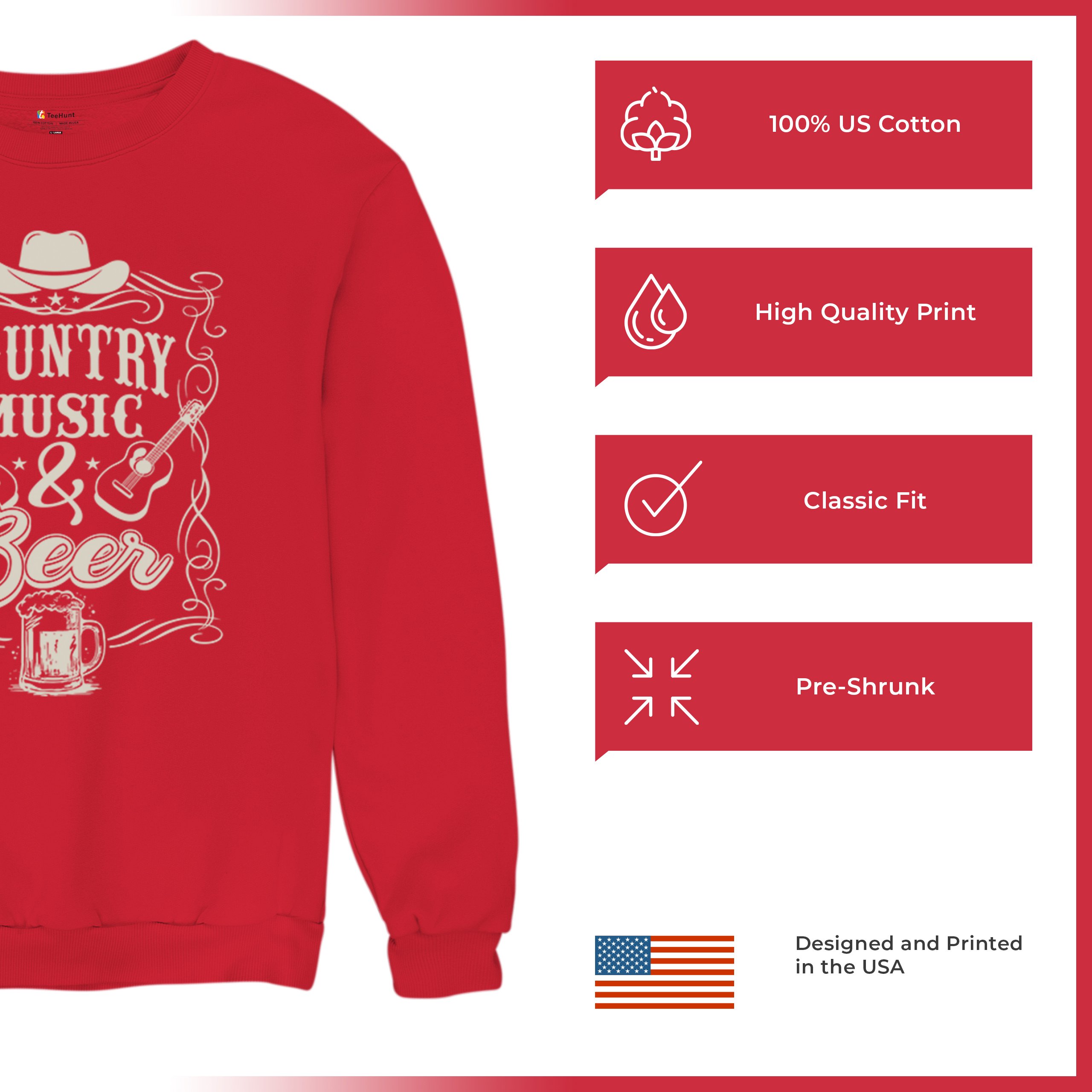 Country Music And Beer Sweatshirt Western Guitar Foamy Beer Mug Humor Crewneck - Picture 21 of 43