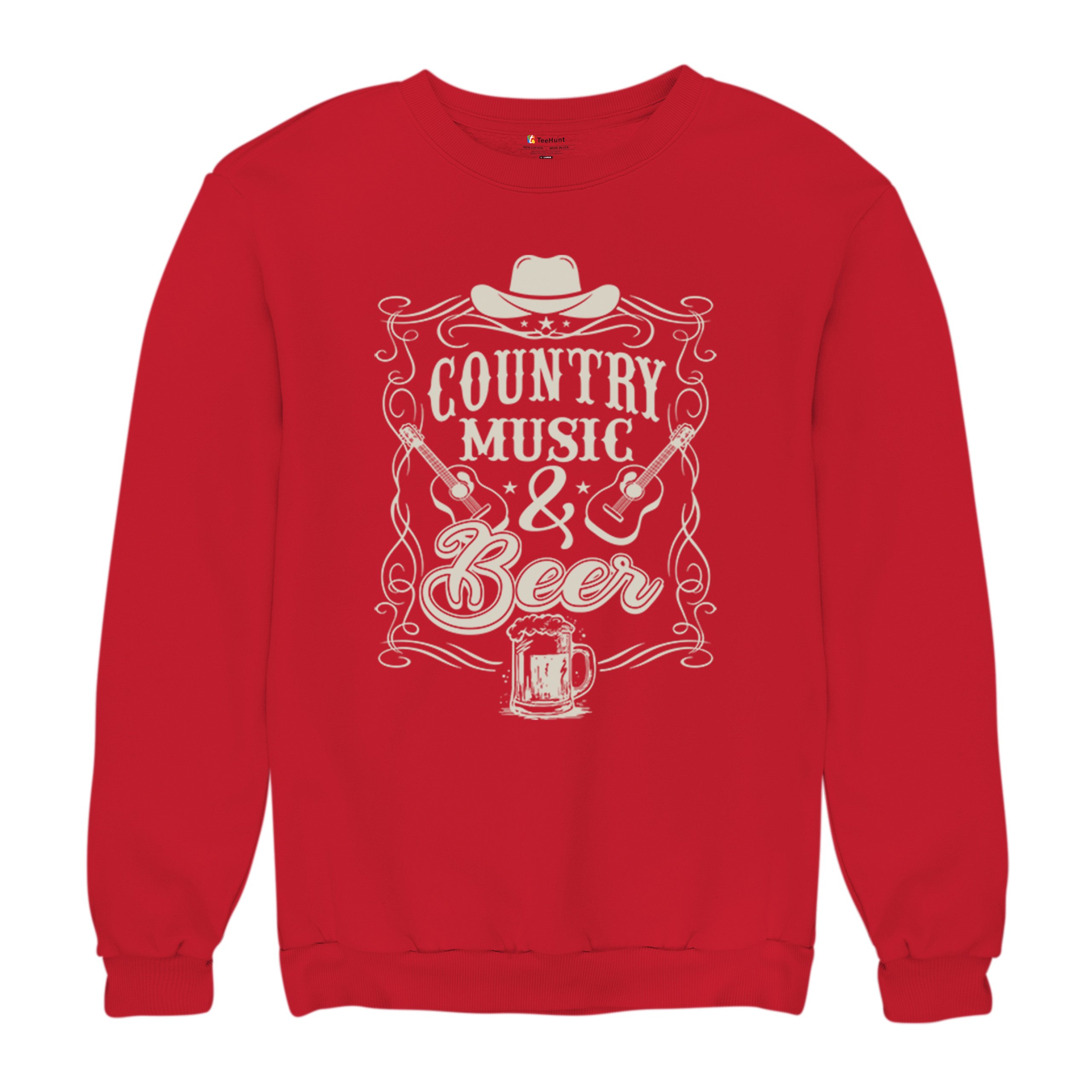 Country Music And Beer Sweatshirt Western Guitar Foamy Beer Mug Humor Crewneck - Picture 20 of 43