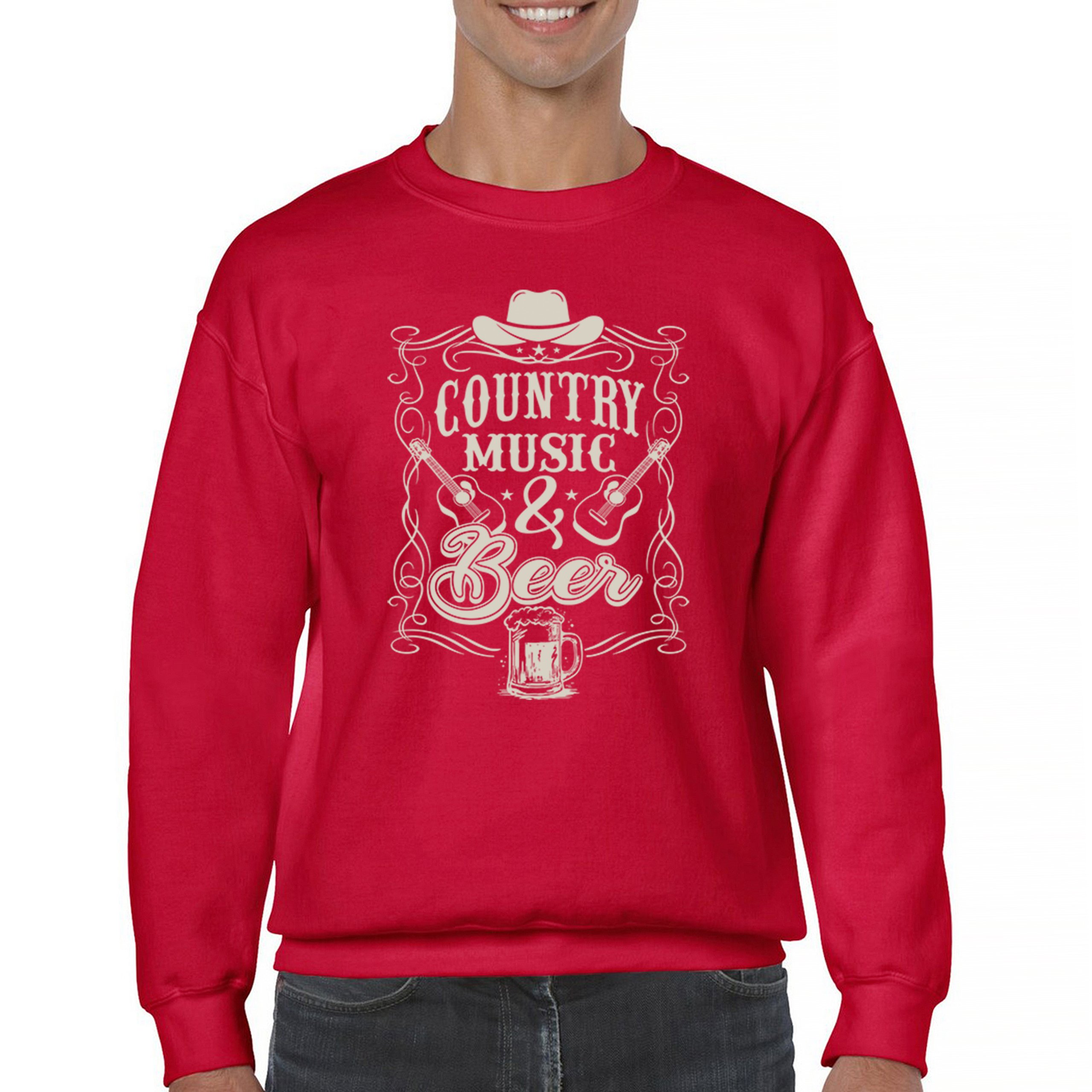Country Music And Beer Sweatshirt Western Guitar Foamy Beer Mug Humor Crewneck - Picture 16 of 43