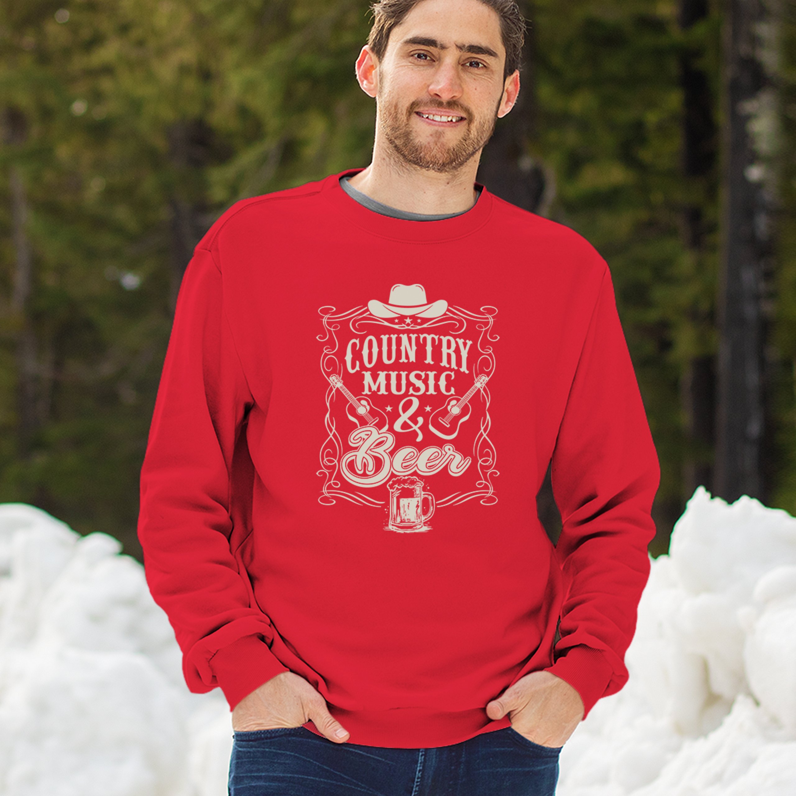 Country Music And Beer Sweatshirt Western Guitar Foamy Beer Mug Humor Crewneck - Picture 19 of 43
