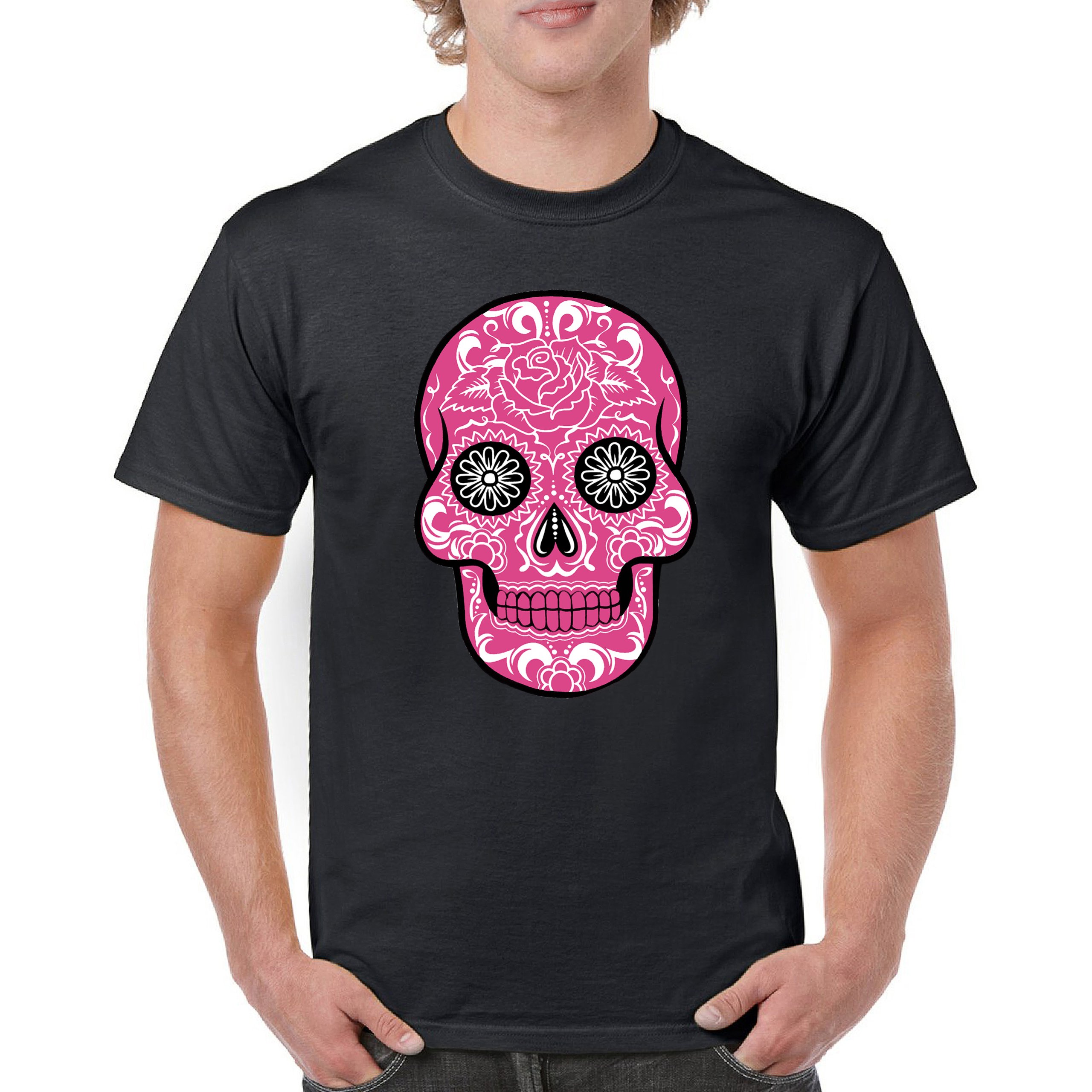 Pink Sugar Skull With Roses T-Shirt Day of the Dead Tee Shirt