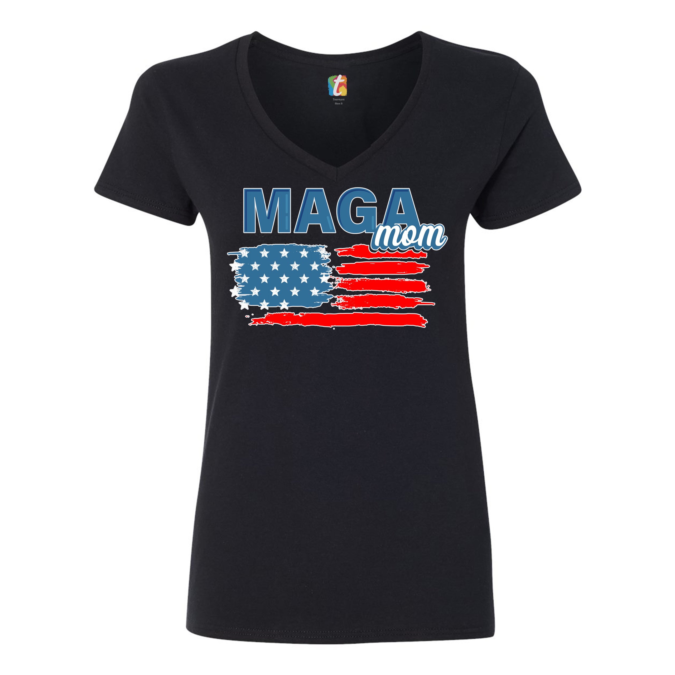 MAGA Mom American Flag Women's V-Neck T-shirt Donald Trump 2024 Vote Red Tee