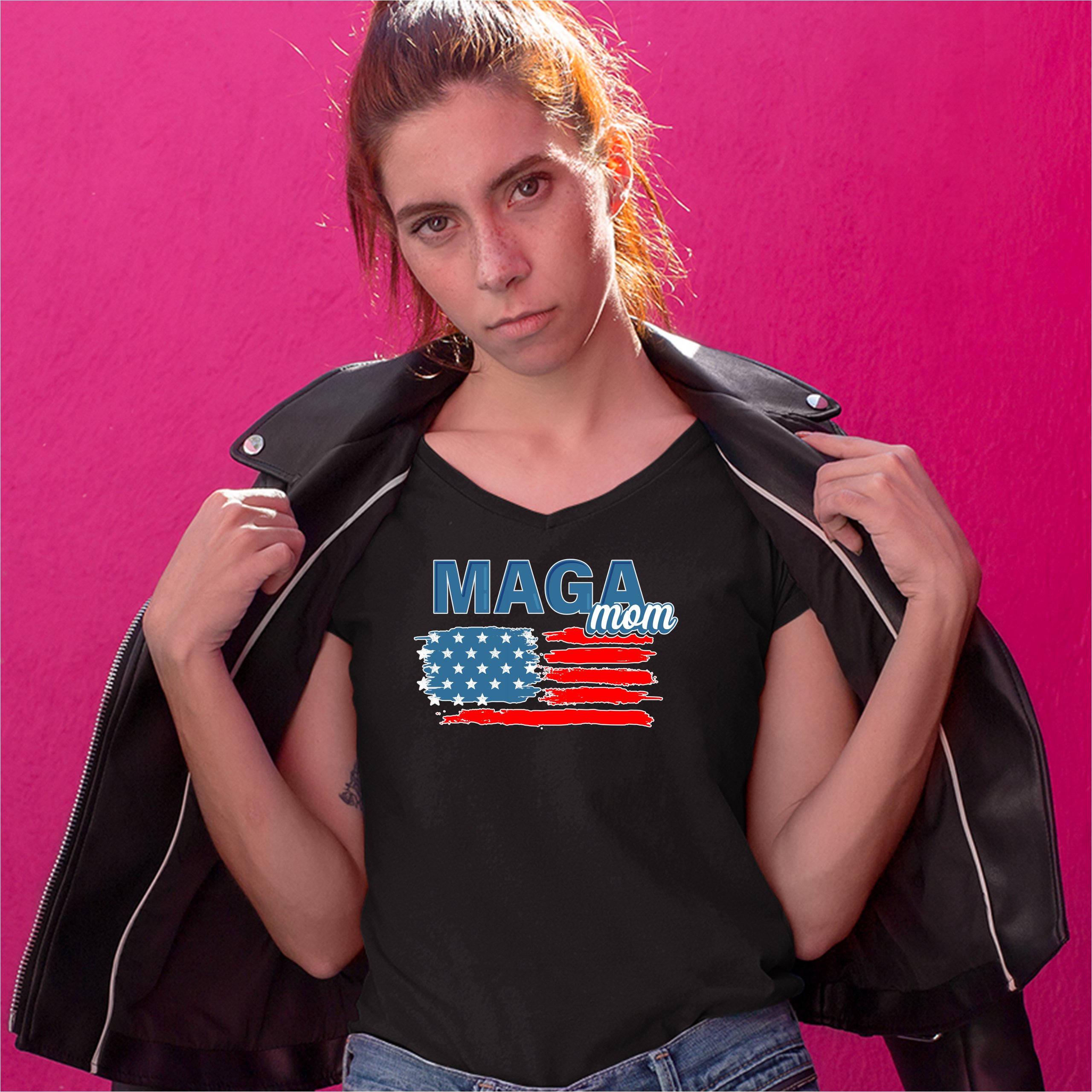 MAGA Mom American Flag Women's V-Neck T-shirt Donald Trump 2024 Vote Red Tee