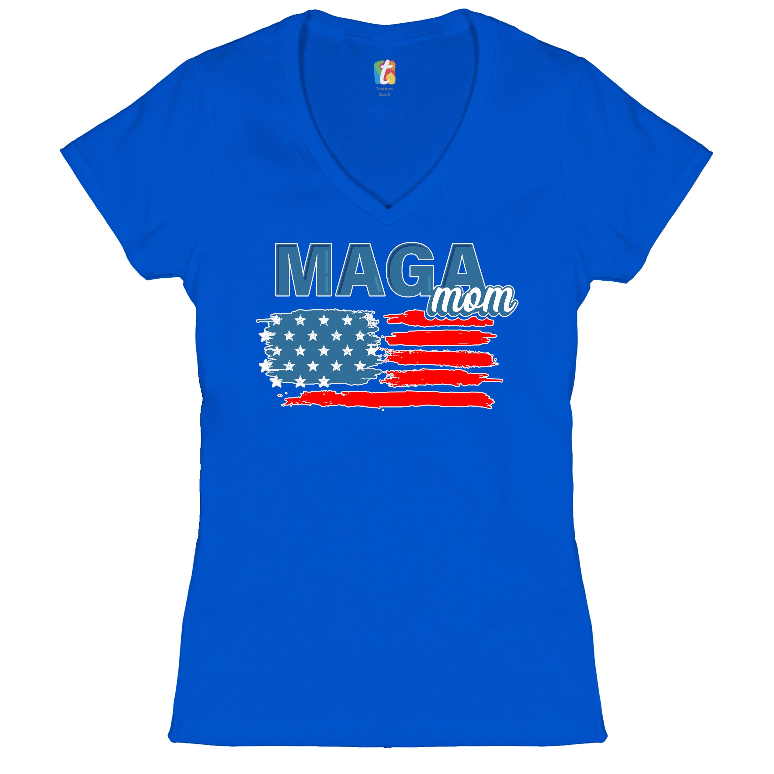 MAGA Mom American Flag Women's V-Neck T-shirt Donald Trump 2024 Vote Red Tee