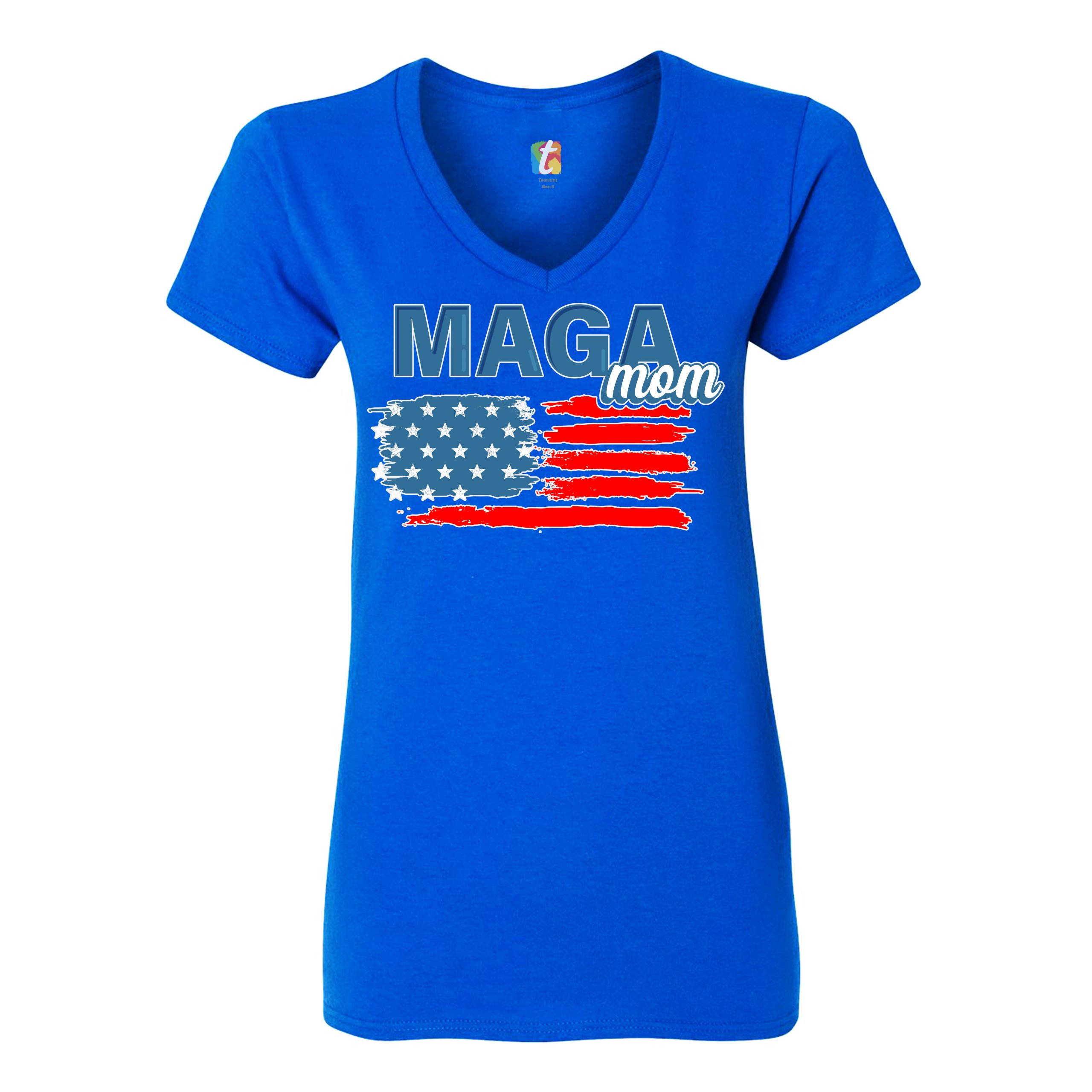 MAGA Mom American Flag Women's V-Neck T-shirt Donald Trump 2024 Vote Red Tee