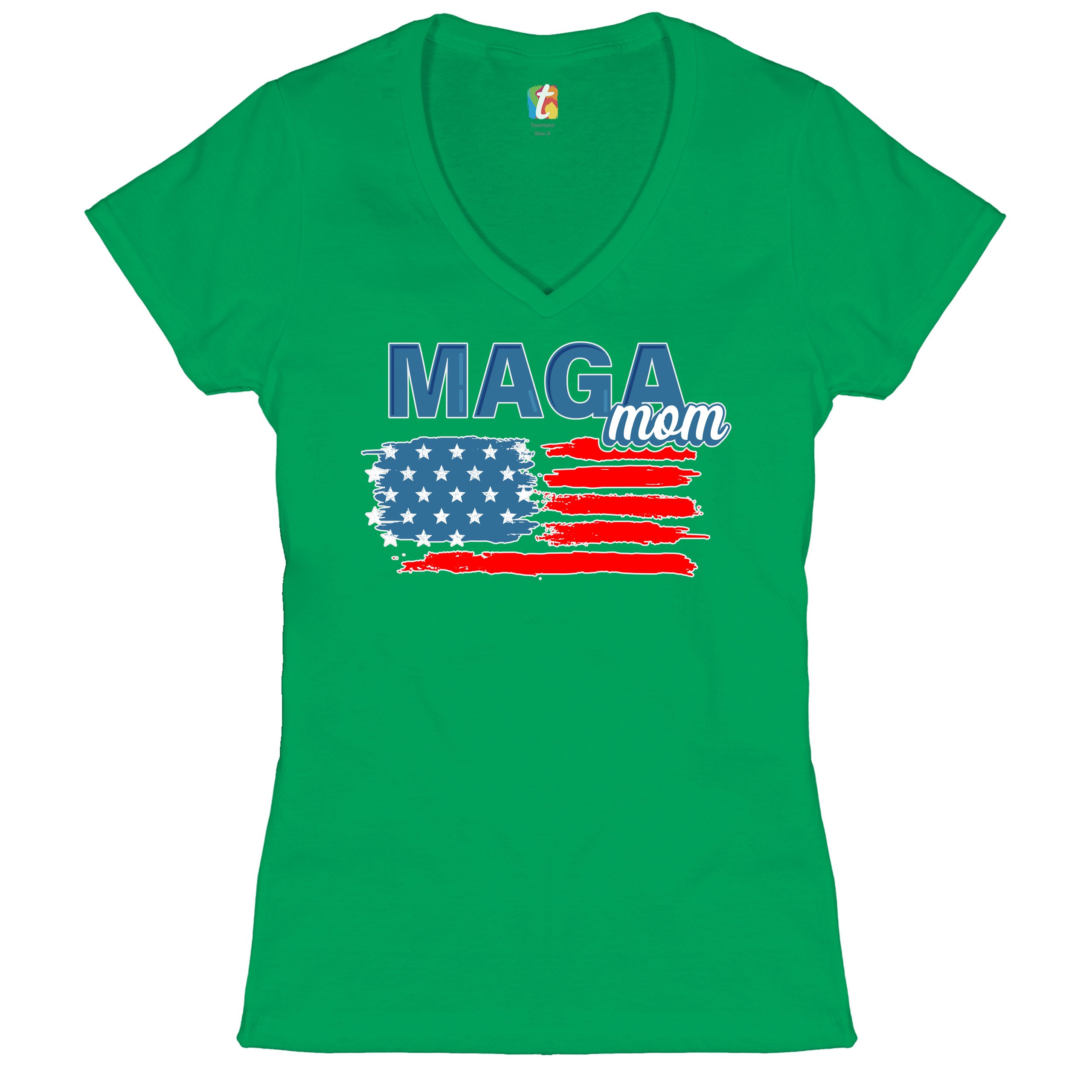 MAGA Mom American Flag Women's V-Neck T-shirt Donald Trump 2024 Vote Red Tee