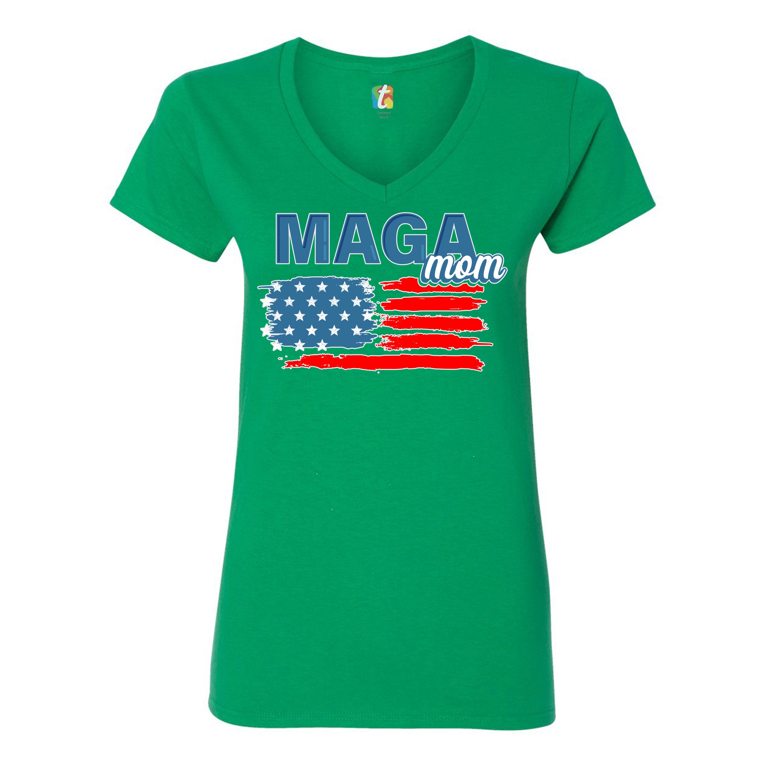 MAGA Mom American Flag Women's V-Neck T-shirt Donald Trump 2024 Vote Red Tee