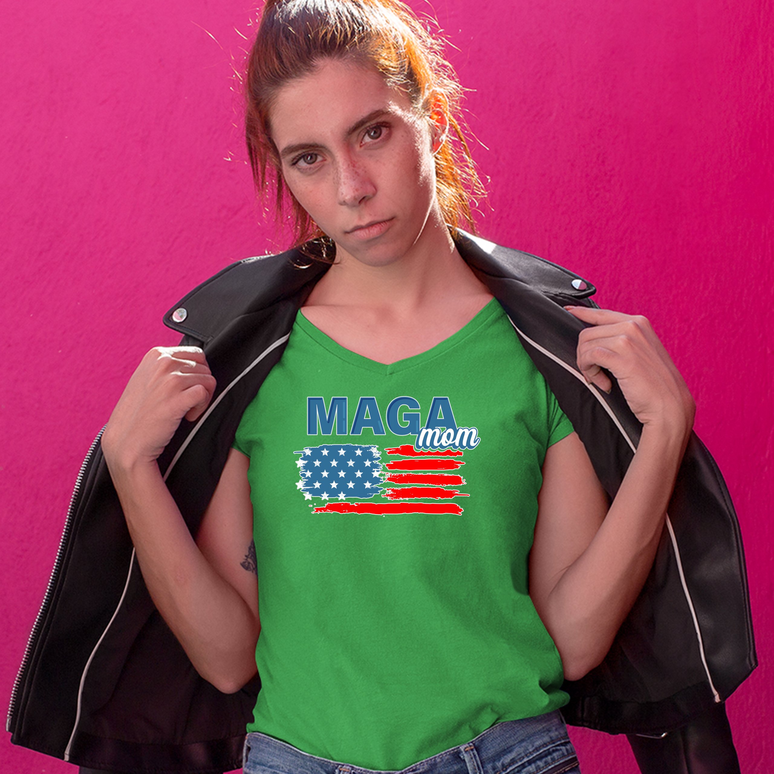 MAGA Mom American Flag Women's V-Neck T-shirt Donald Trump 2024 Vote Red Tee