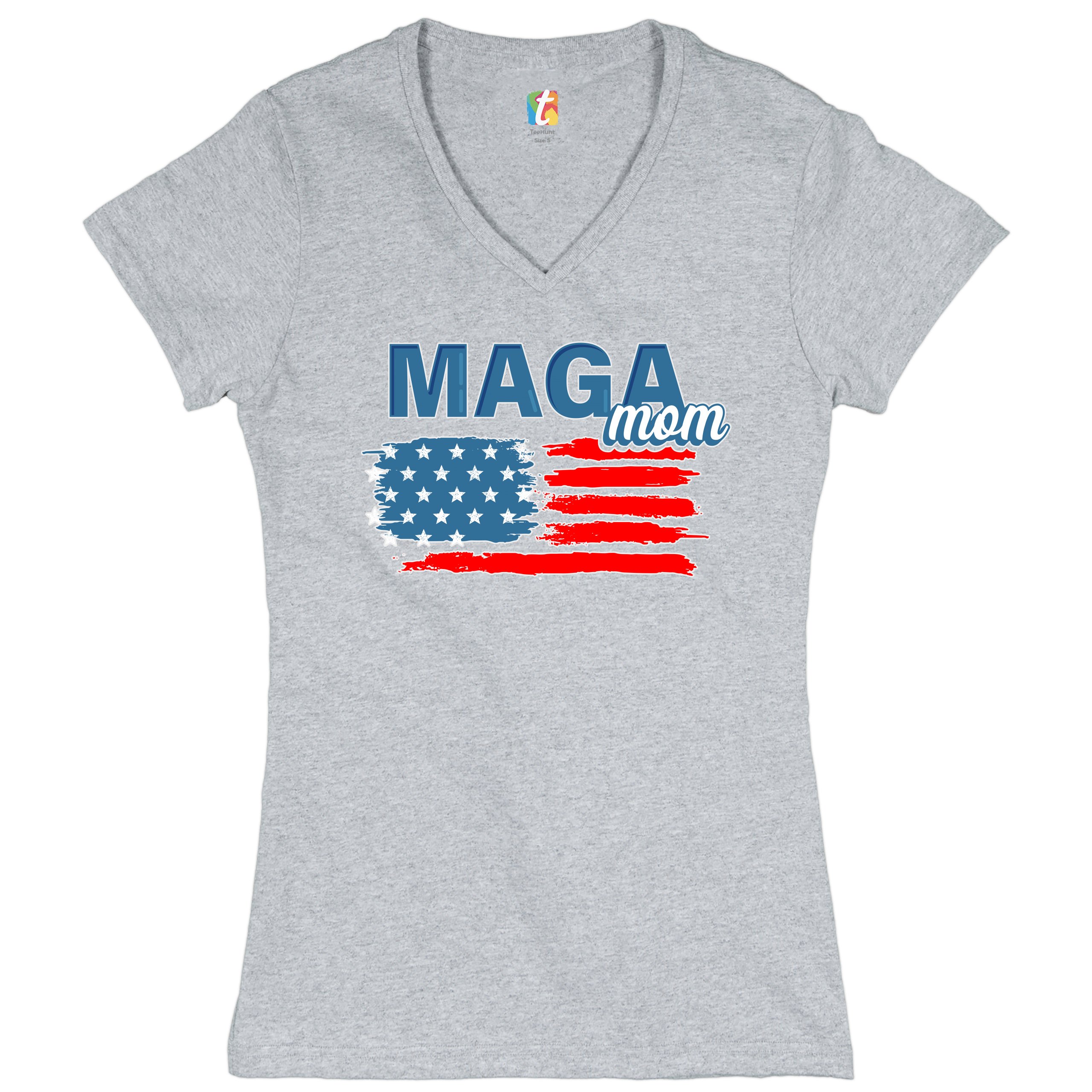 MAGA Mom American Flag Women's V-Neck T-shirt Donald Trump 2024 Vote Red Tee