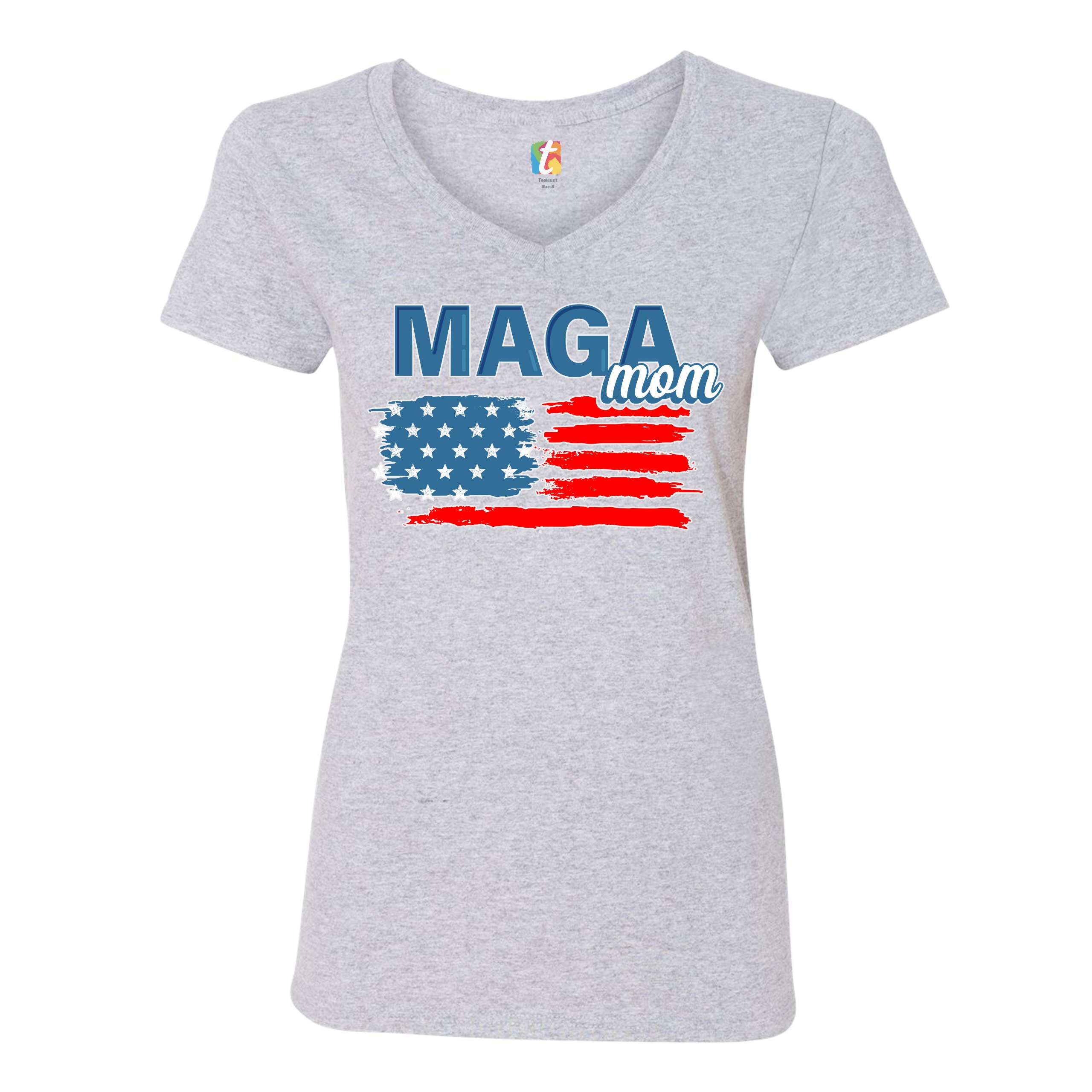 MAGA Mom American Flag Women's V-Neck T-shirt Donald Trump 2024 Vote Red Tee