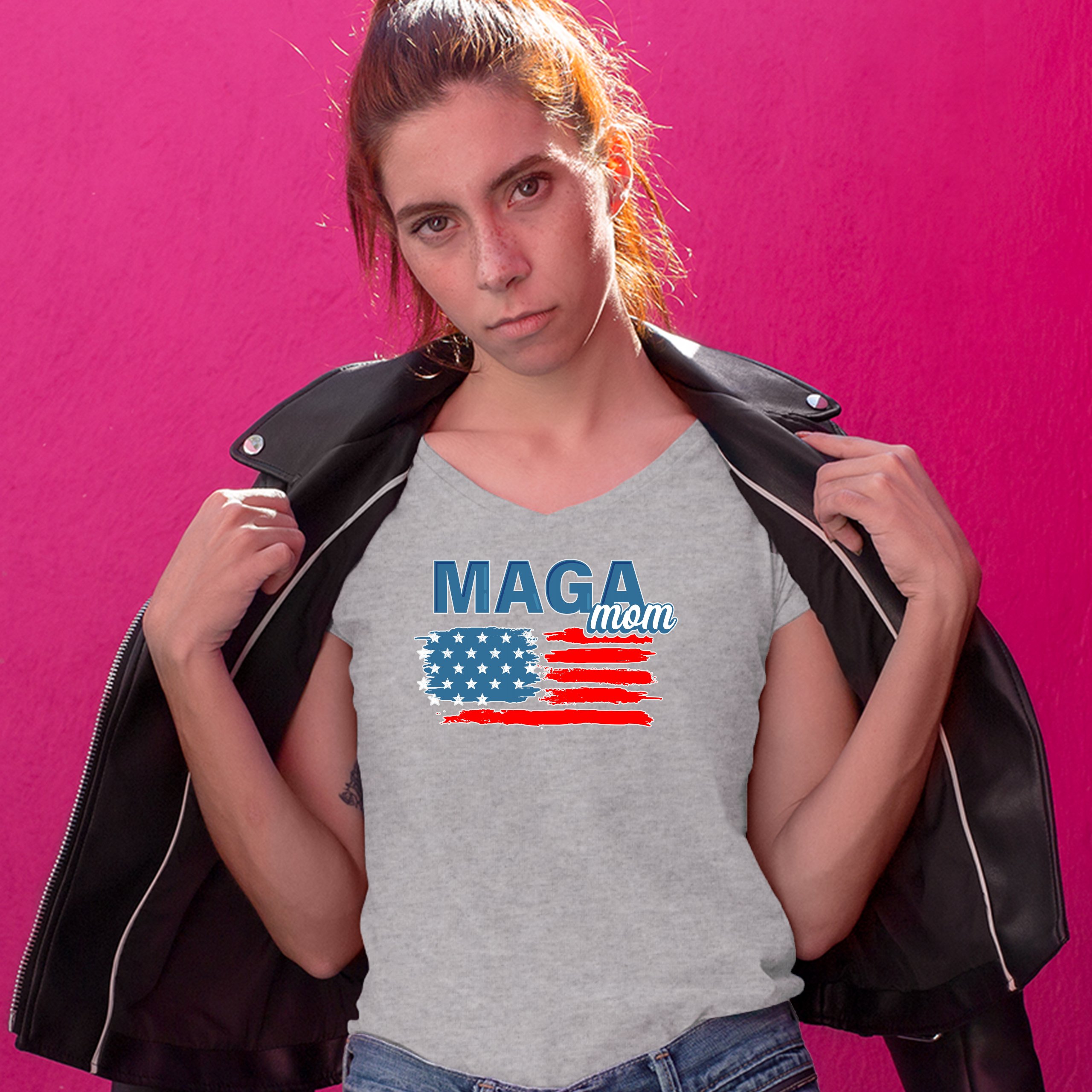 MAGA Mom American Flag Women's V-Neck T-shirt Donald Trump 2024 Vote Red Tee