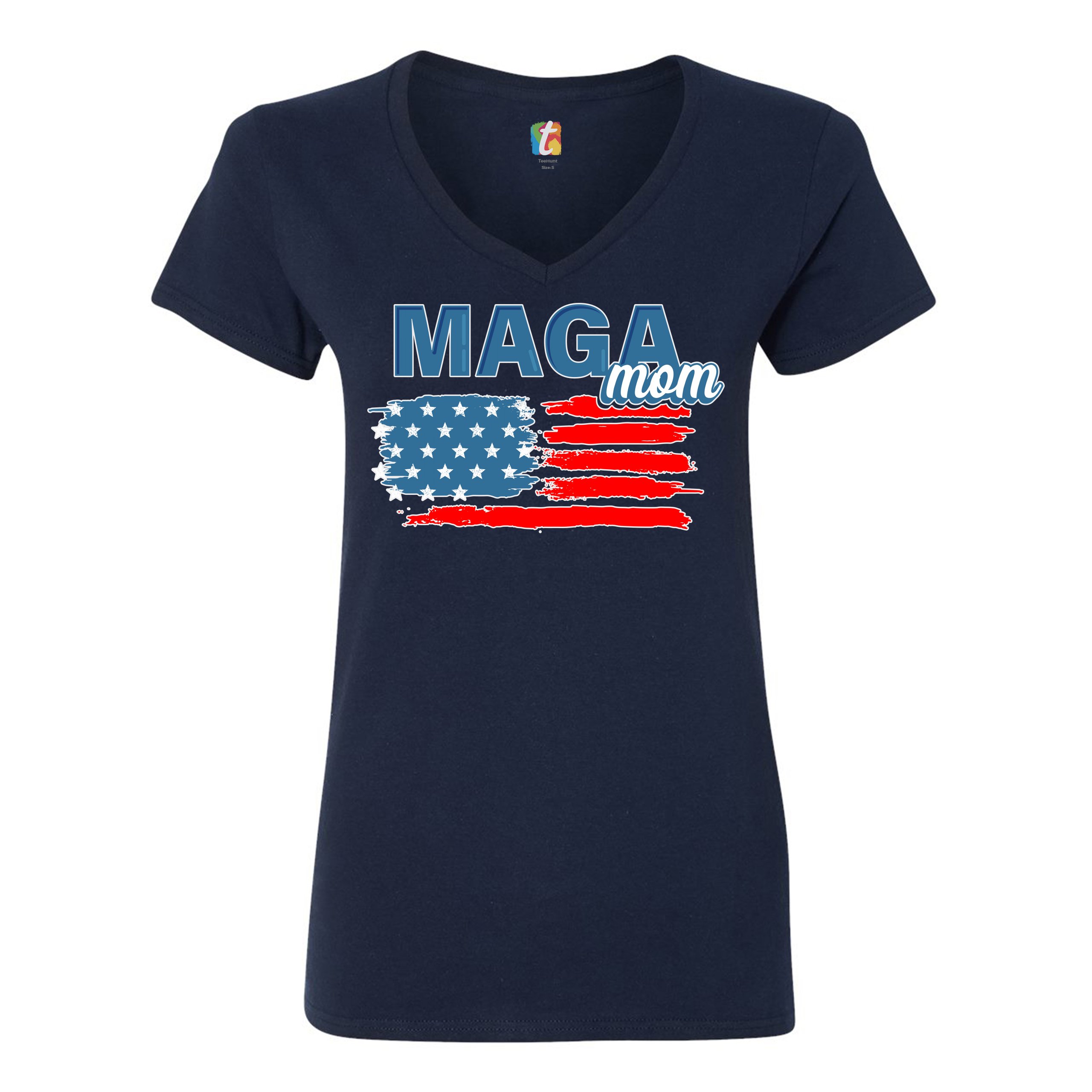 MAGA Mom American Flag Women's V-Neck T-shirt Donald Trump 2024 Vote Red Tee