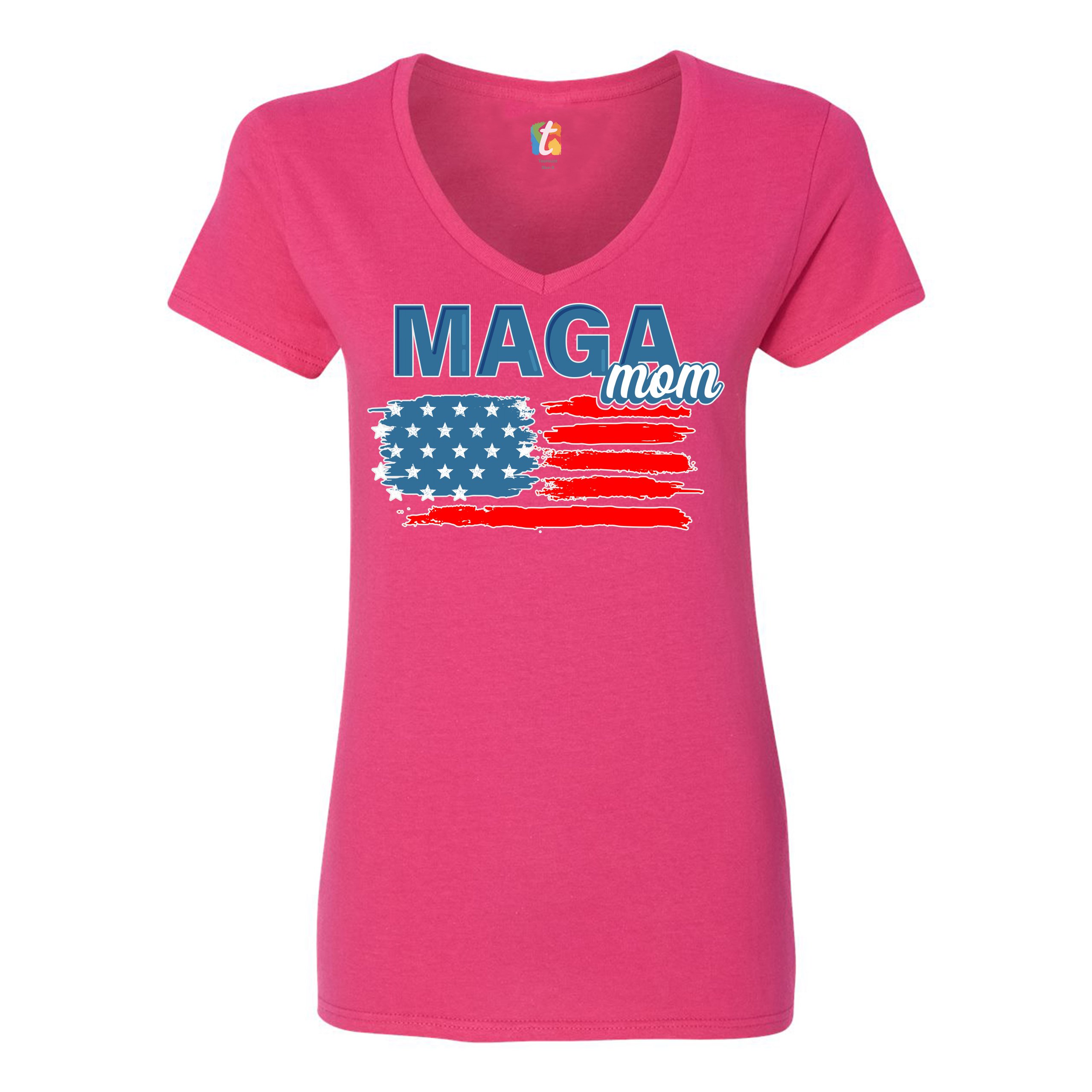 MAGA Mom American Flag Women's V-Neck T-shirt Donald Trump 2024 Vote Red Tee