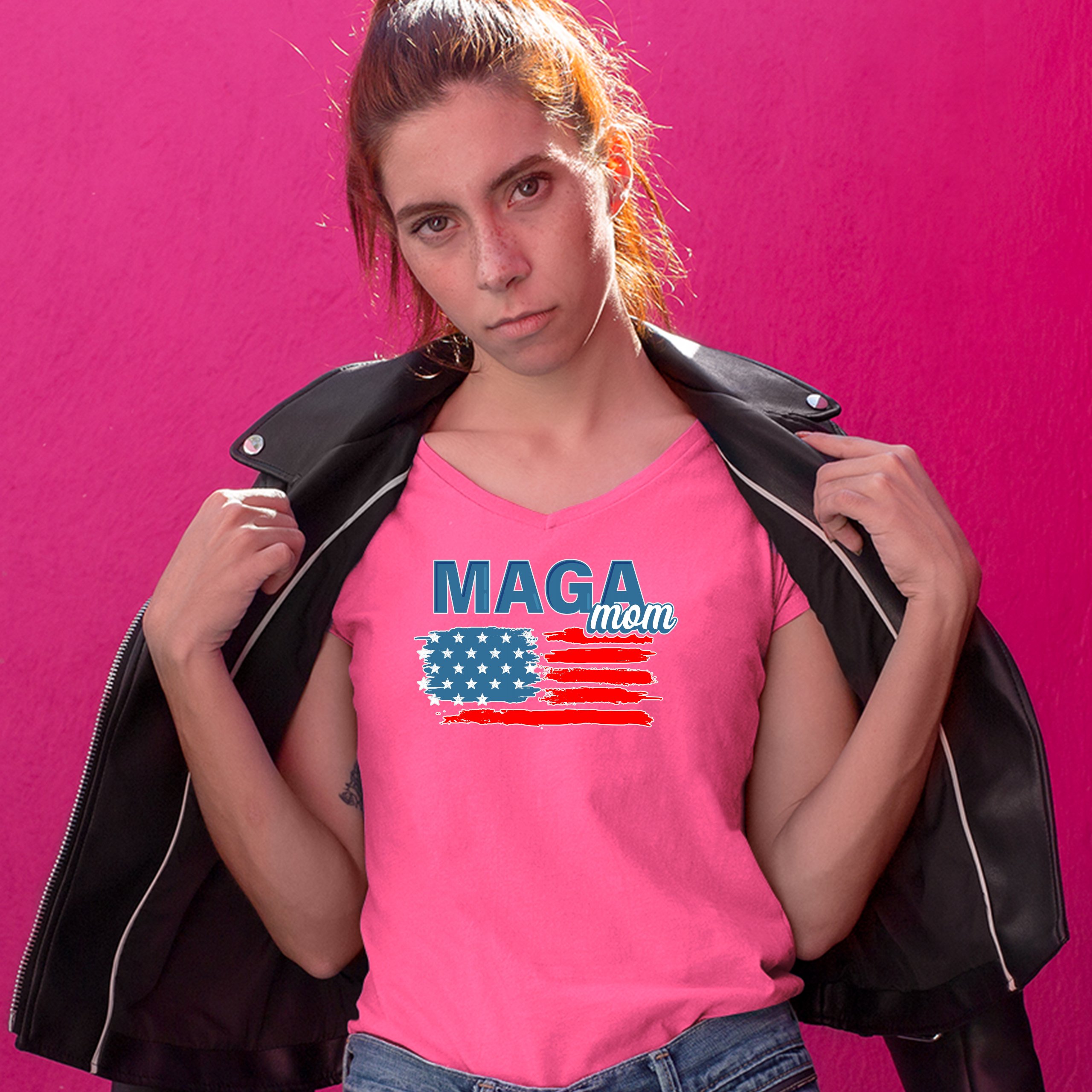 MAGA Mom American Flag Women's V-Neck T-shirt Donald Trump 2024 Vote Red Tee