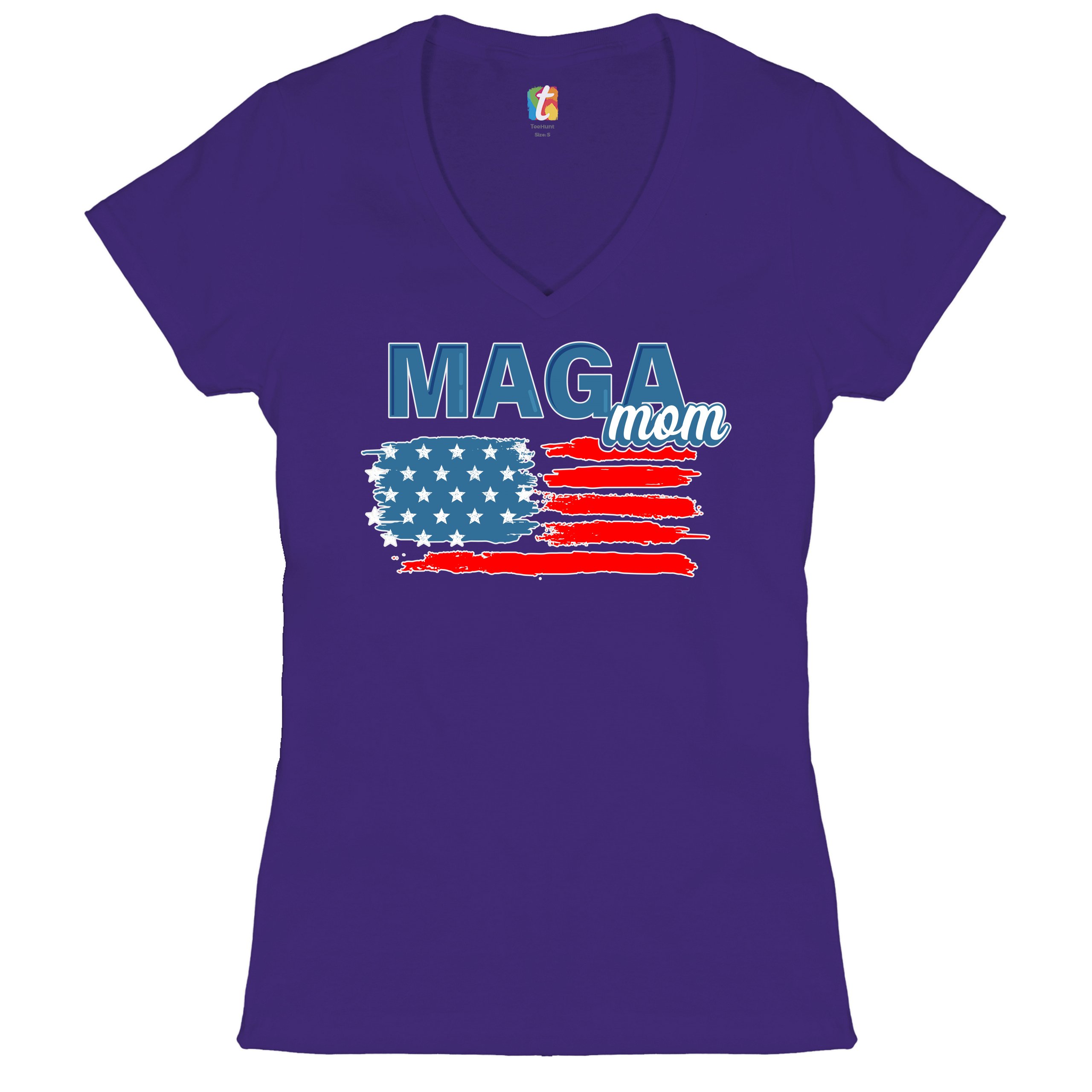 MAGA Mom American Flag Women's V-Neck T-shirt Donald Trump 2024 Vote Red Tee