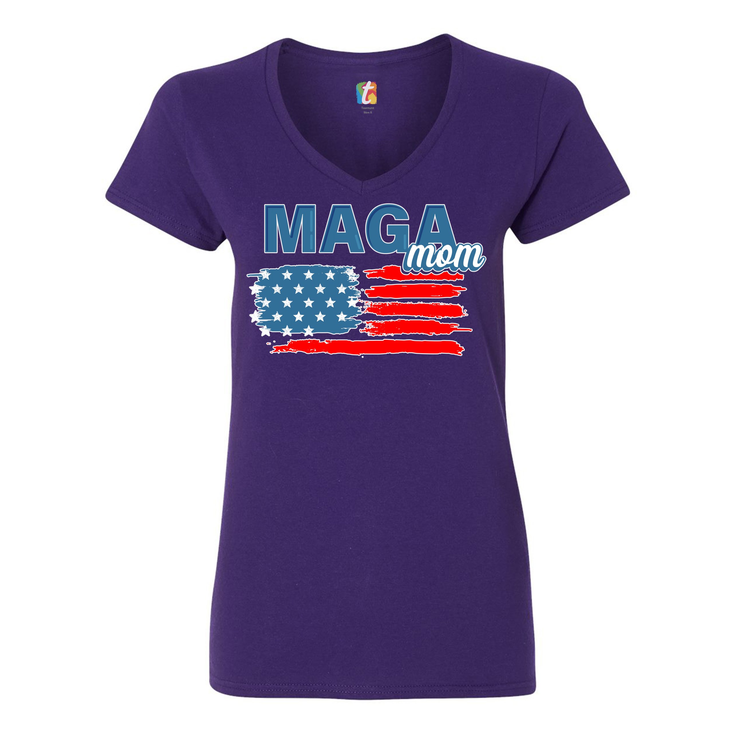 MAGA Mom American Flag Women's V-Neck T-shirt Donald Trump 2024 Vote Red Tee