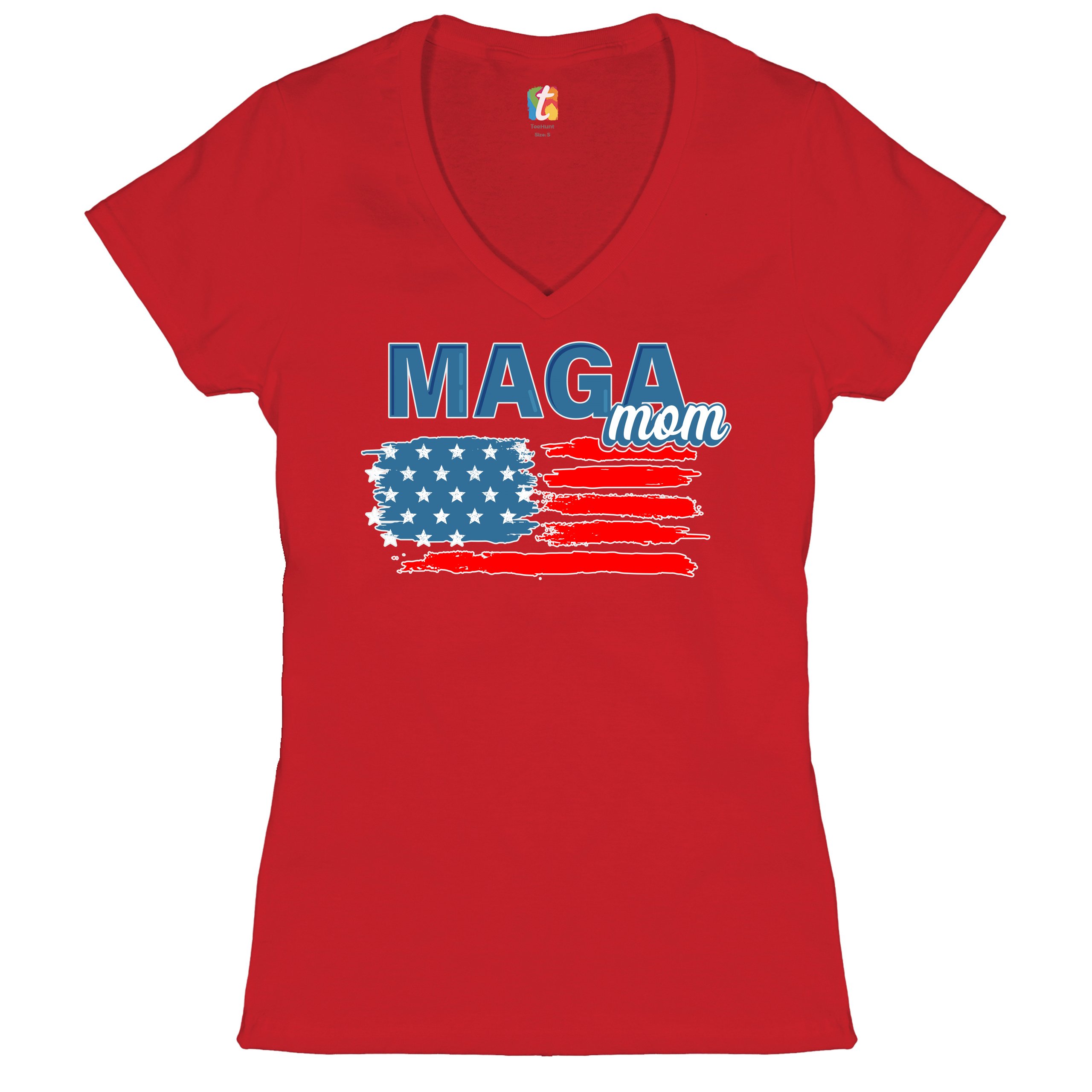 MAGA Mom American Flag Women's V-Neck T-shirt Donald Trump 2024 Vote Red Tee