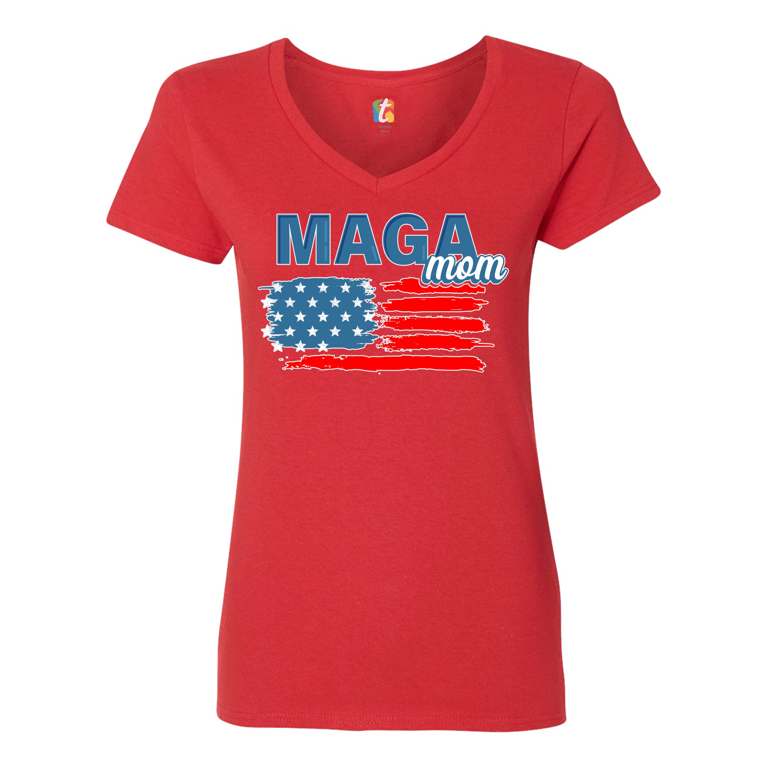 MAGA Mom American Flag Women's V-Neck T-shirt Donald Trump 2024 Vote Red Tee