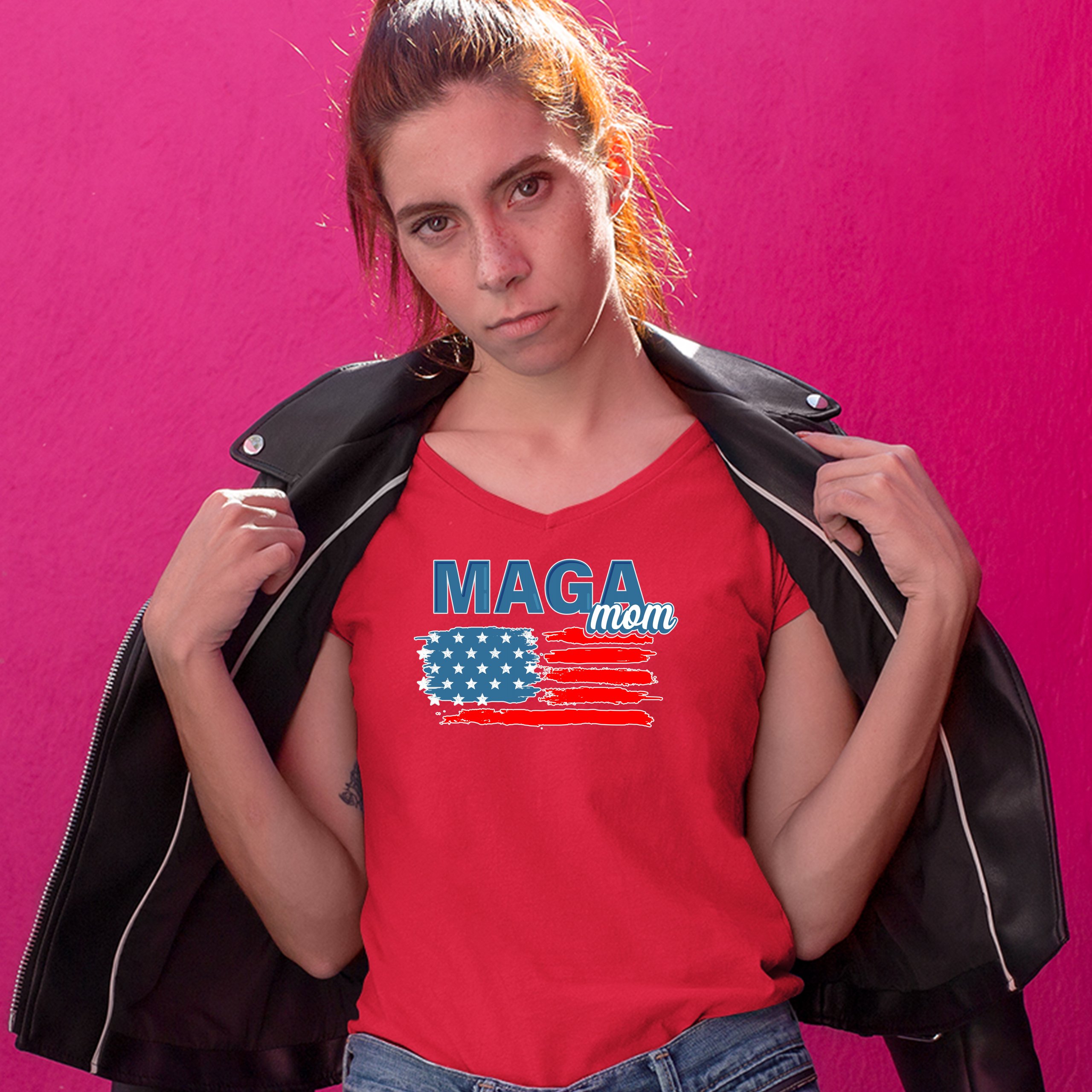 MAGA Mom American Flag Women's V-Neck T-shirt Donald Trump 2024 Vote Red Tee