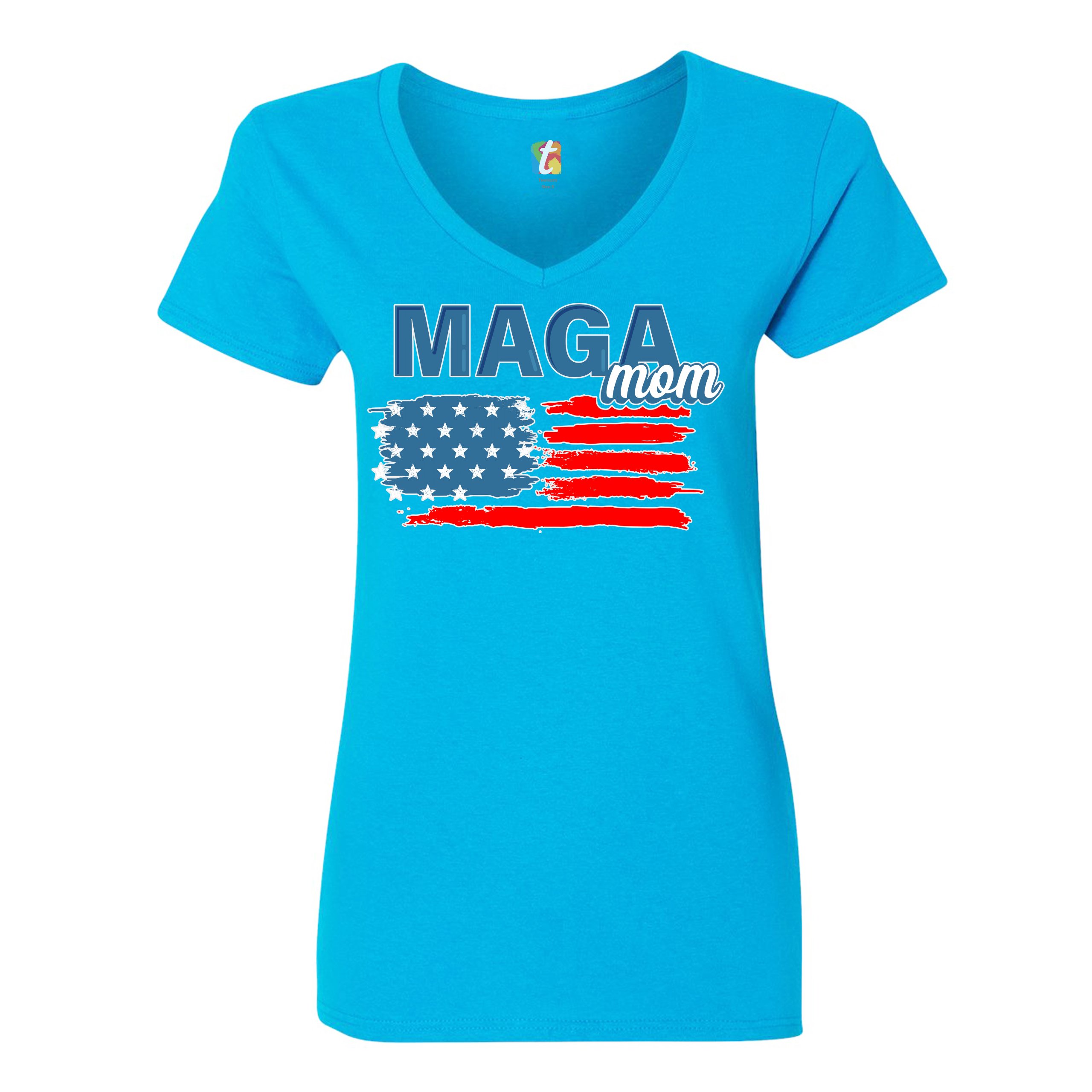 MAGA Mom American Flag Women's V-Neck T-shirt Donald Trump 2024 Vote Red Tee