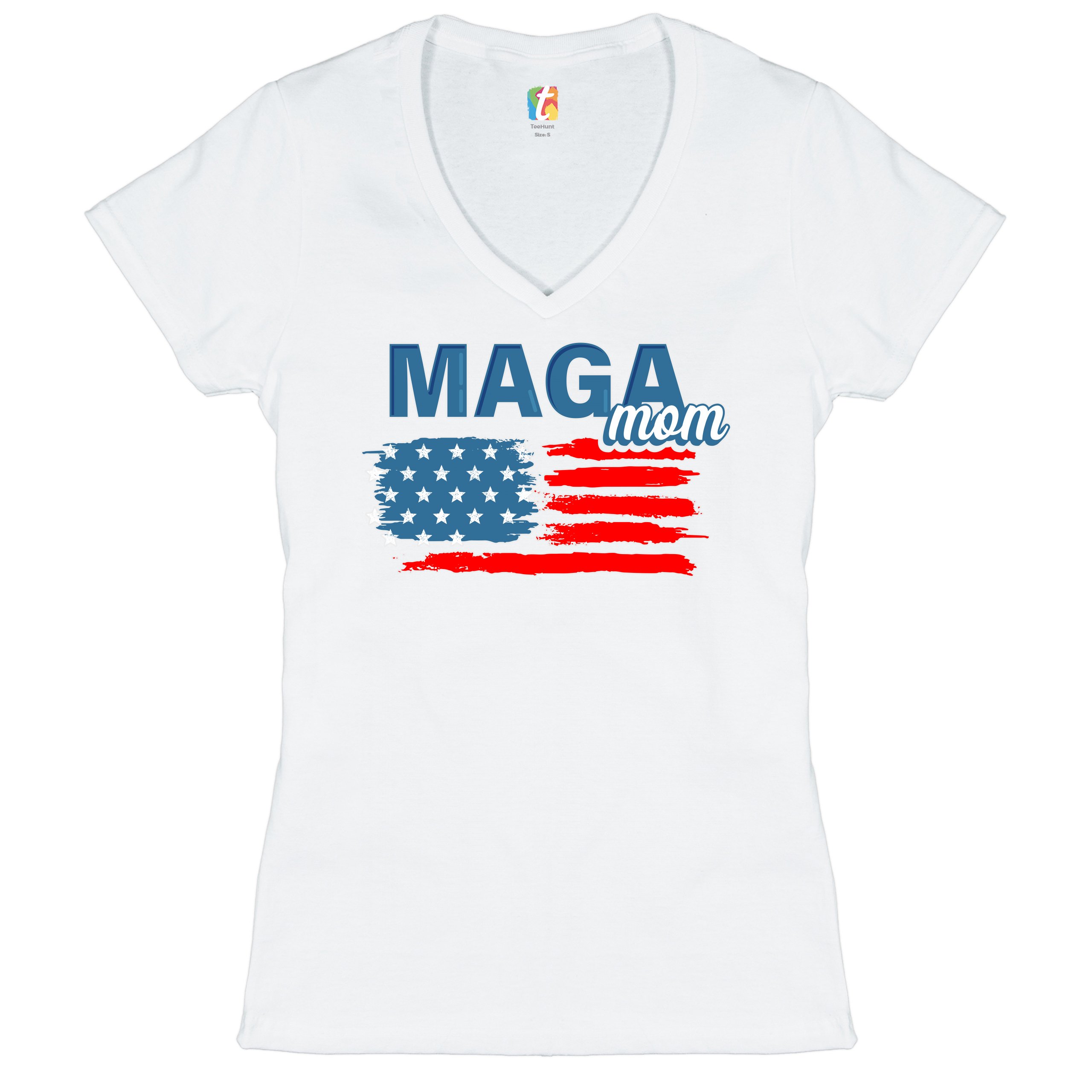 MAGA Mom American Flag Women's V-Neck T-shirt Donald Trump 2024 Vote Red Tee