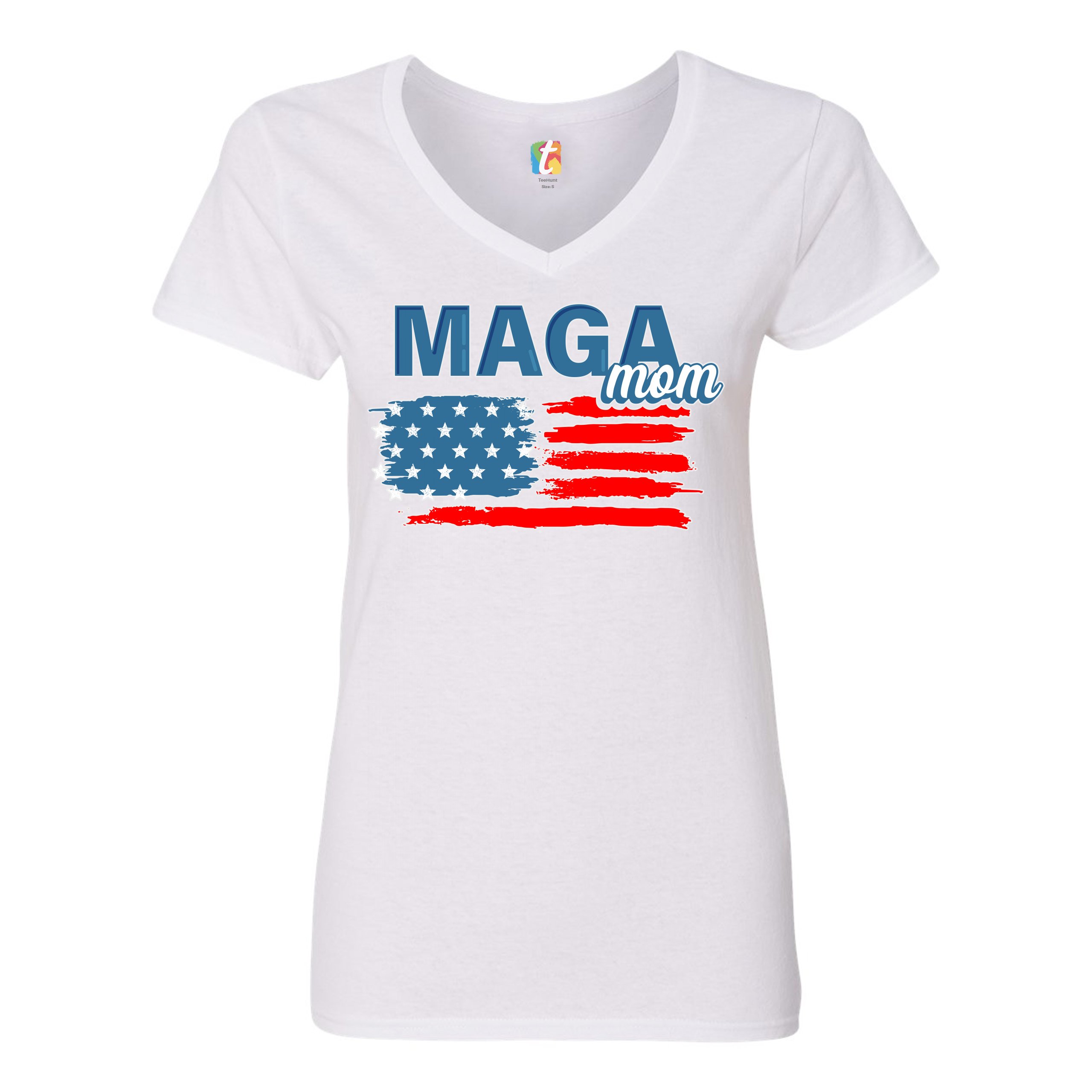 MAGA Mom American Flag Women's V-Neck T-shirt Donald Trump 2024 Vote Red Tee