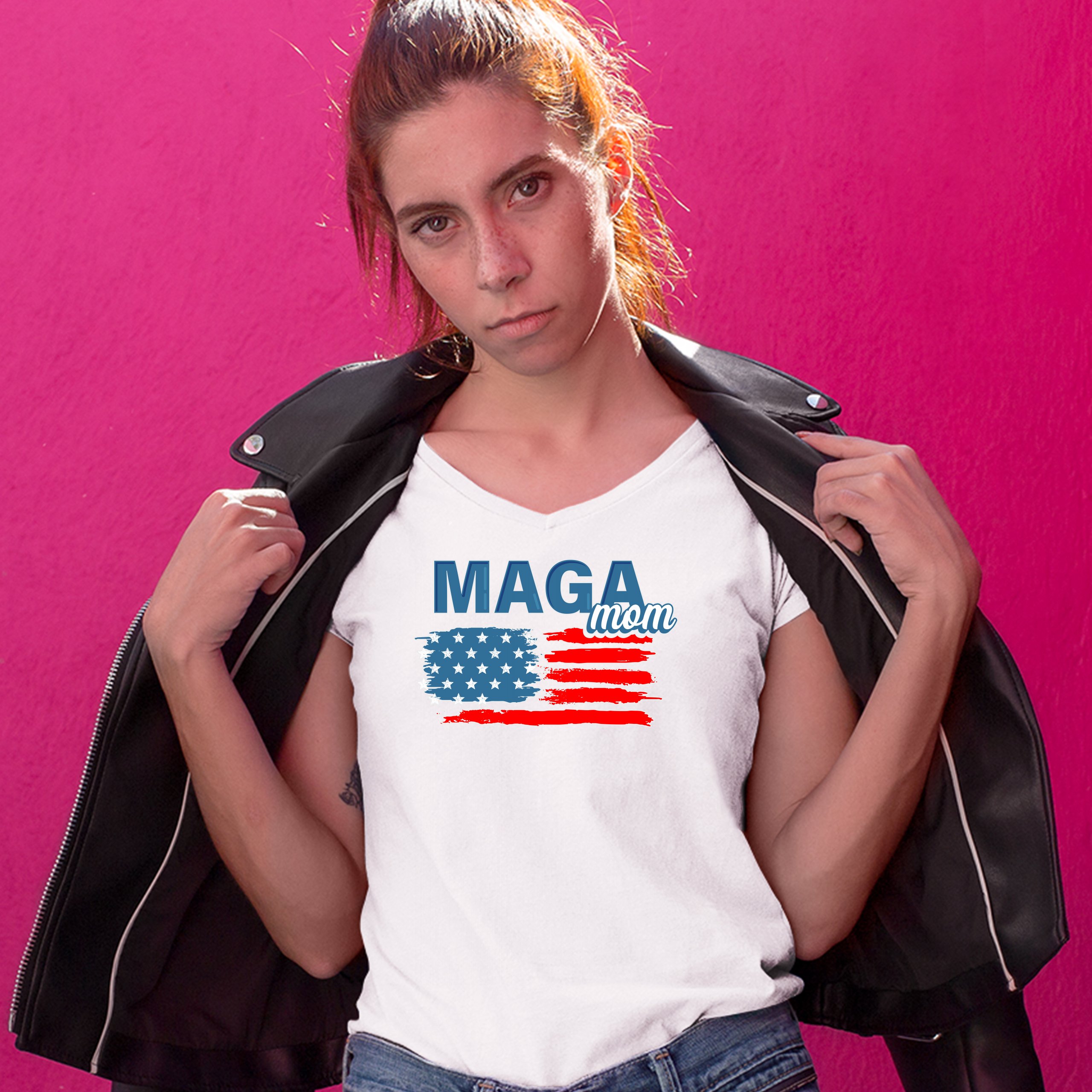 MAGA Mom American Flag Women's V-Neck T-shirt Donald Trump 2024 Vote Red Tee