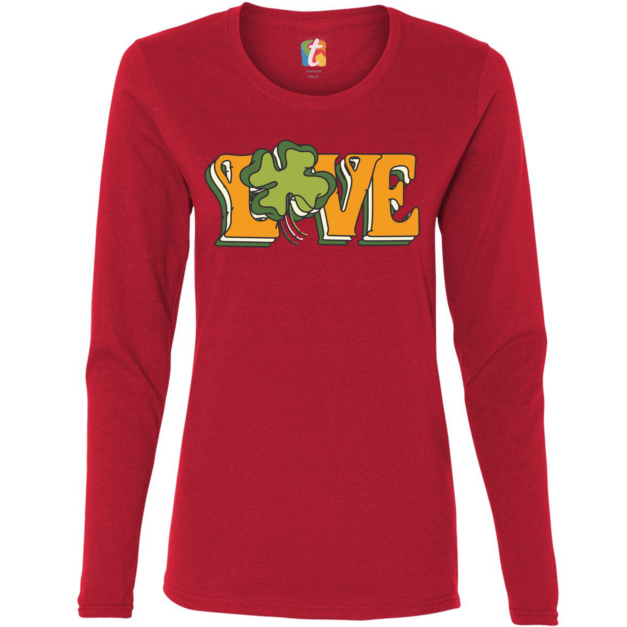 LOVE Women's Long Sleeve T-shirt Irish Shamrock St Patrick's Day Holiday Clover - Picture 11 of 29