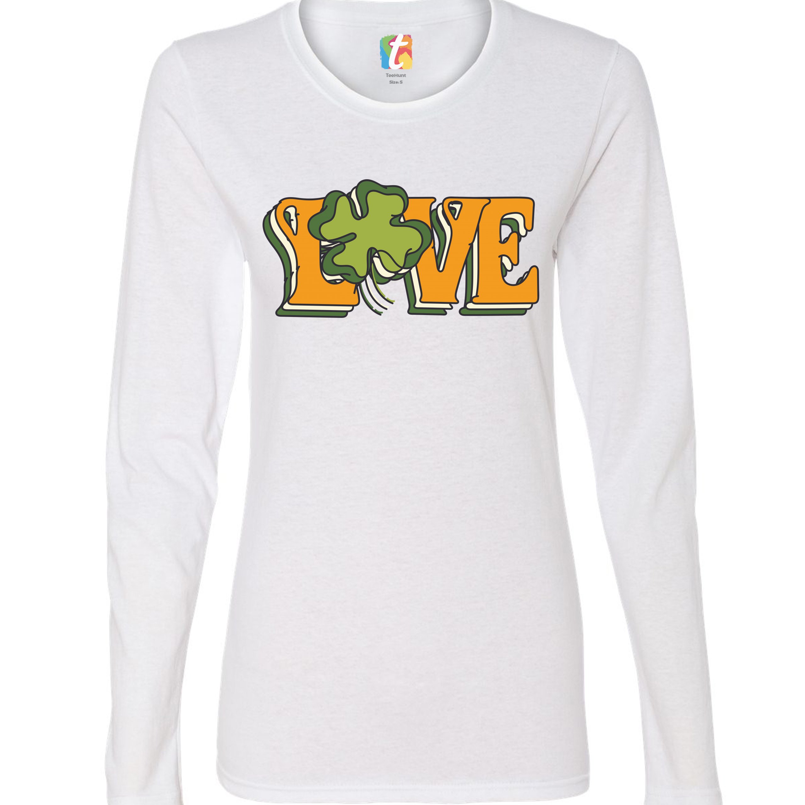 LOVE Women's Long Sleeve T-shirt Irish Shamrock St Patrick's Day Holiday Clover - Picture 15 of 29
