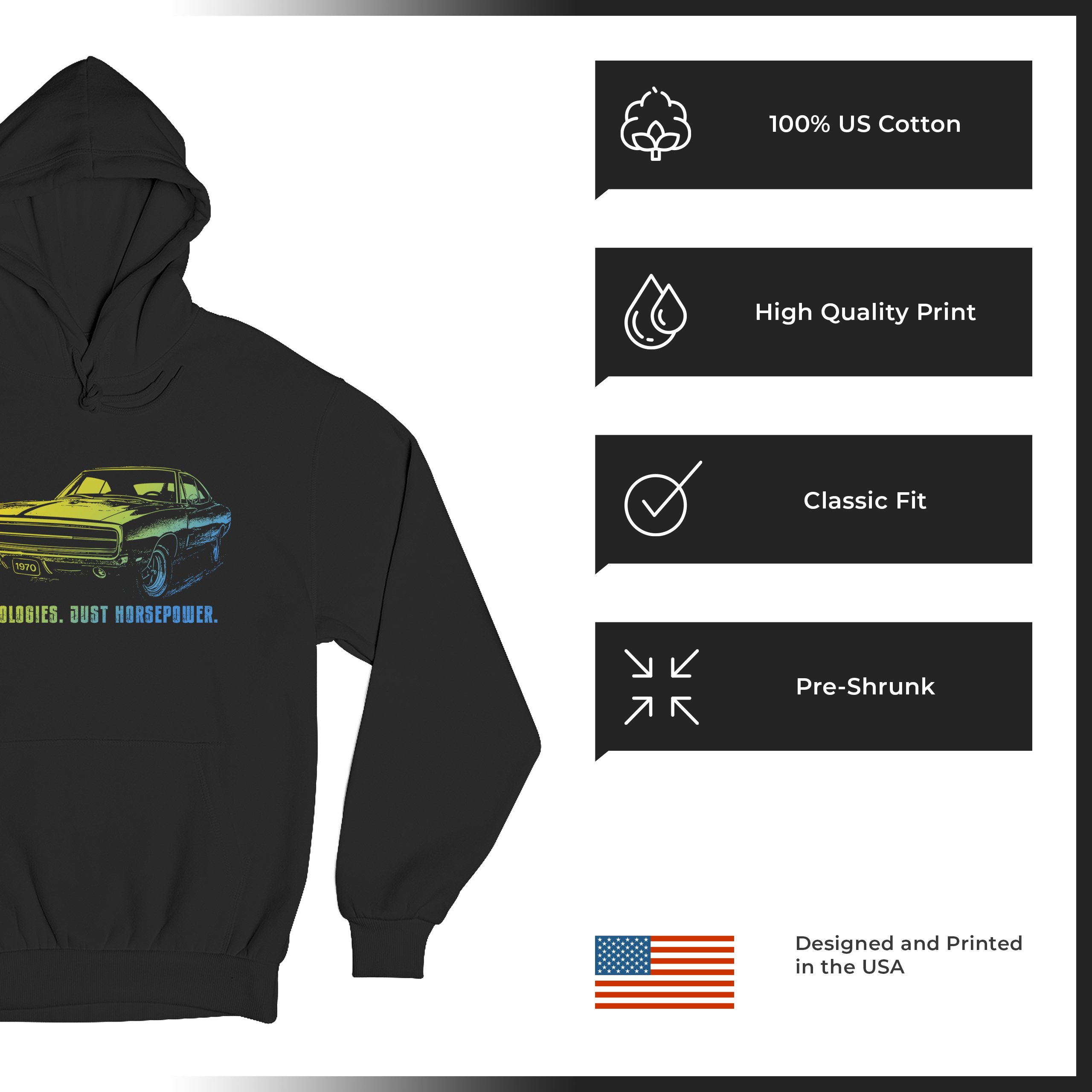 No Apologies Just Horsepower Sweatshirt Muscle Car Vintage 1970 Power Hoodie - Picture 7 of 57