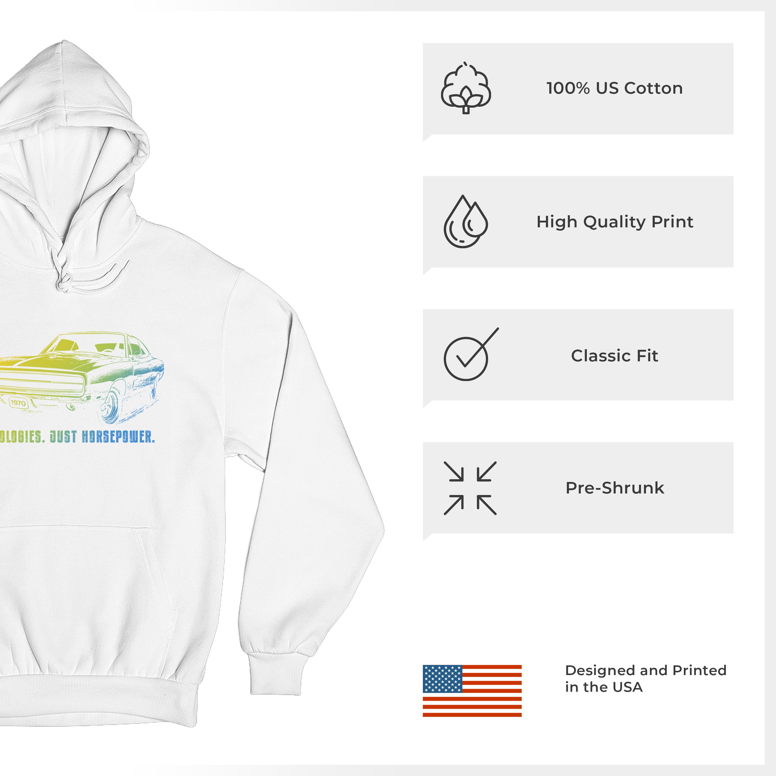 No Apologies Just Horsepower Sweatshirt Muscle Car Vintage 1970 Power Hoodie - Picture 42 of 57