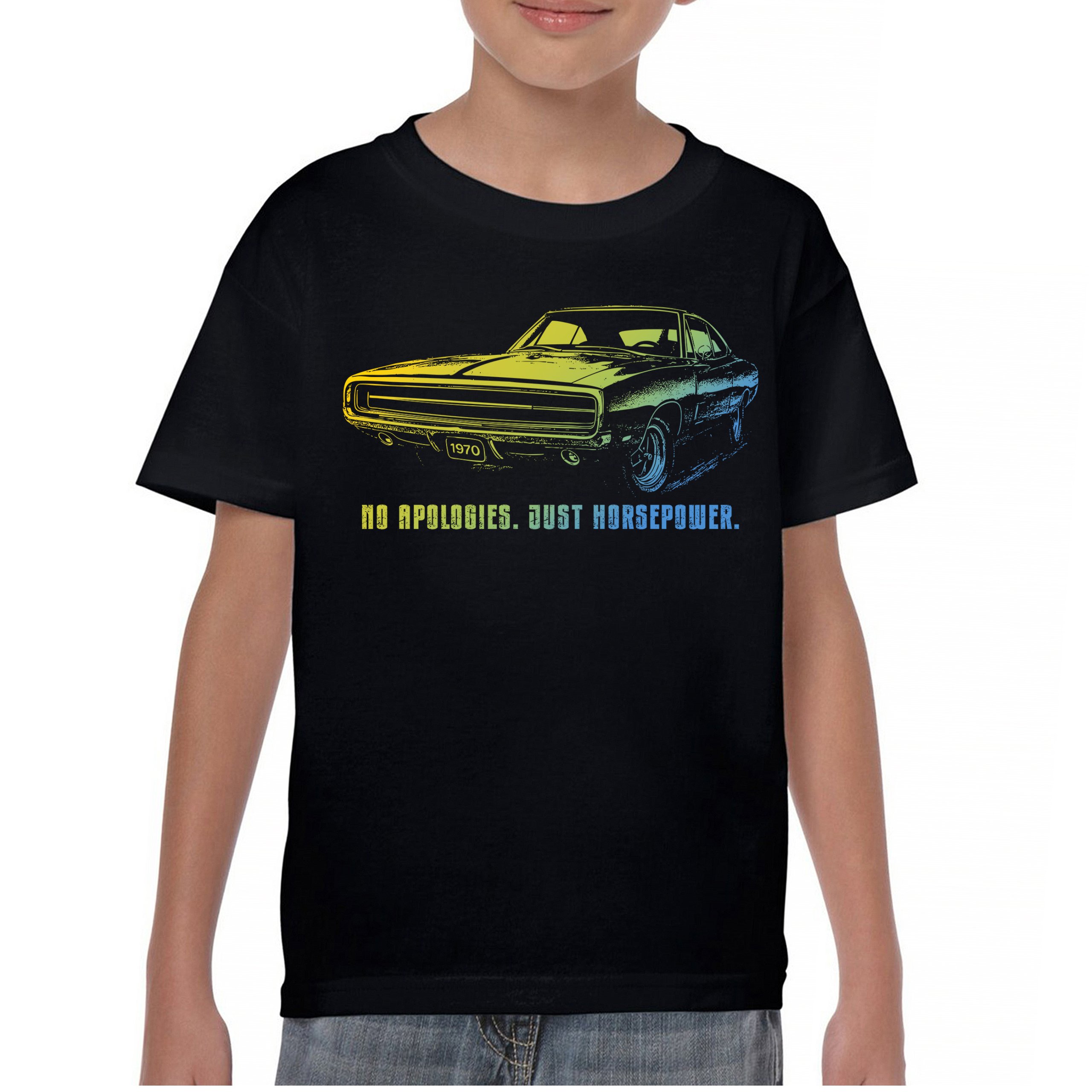 No Apologies Just Horsepower Youth T-shirt Muscle Car Vintage 1970 Power Kids - Picture 2 of 50