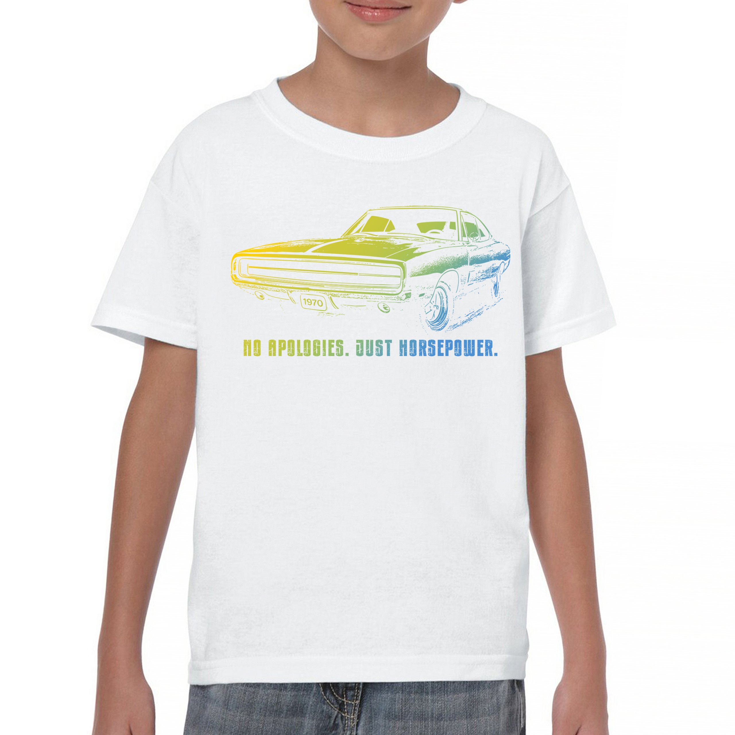 No Apologies Just Horsepower Youth T-shirt Muscle Car Vintage 1970 Power Kids - Picture 23 of 50