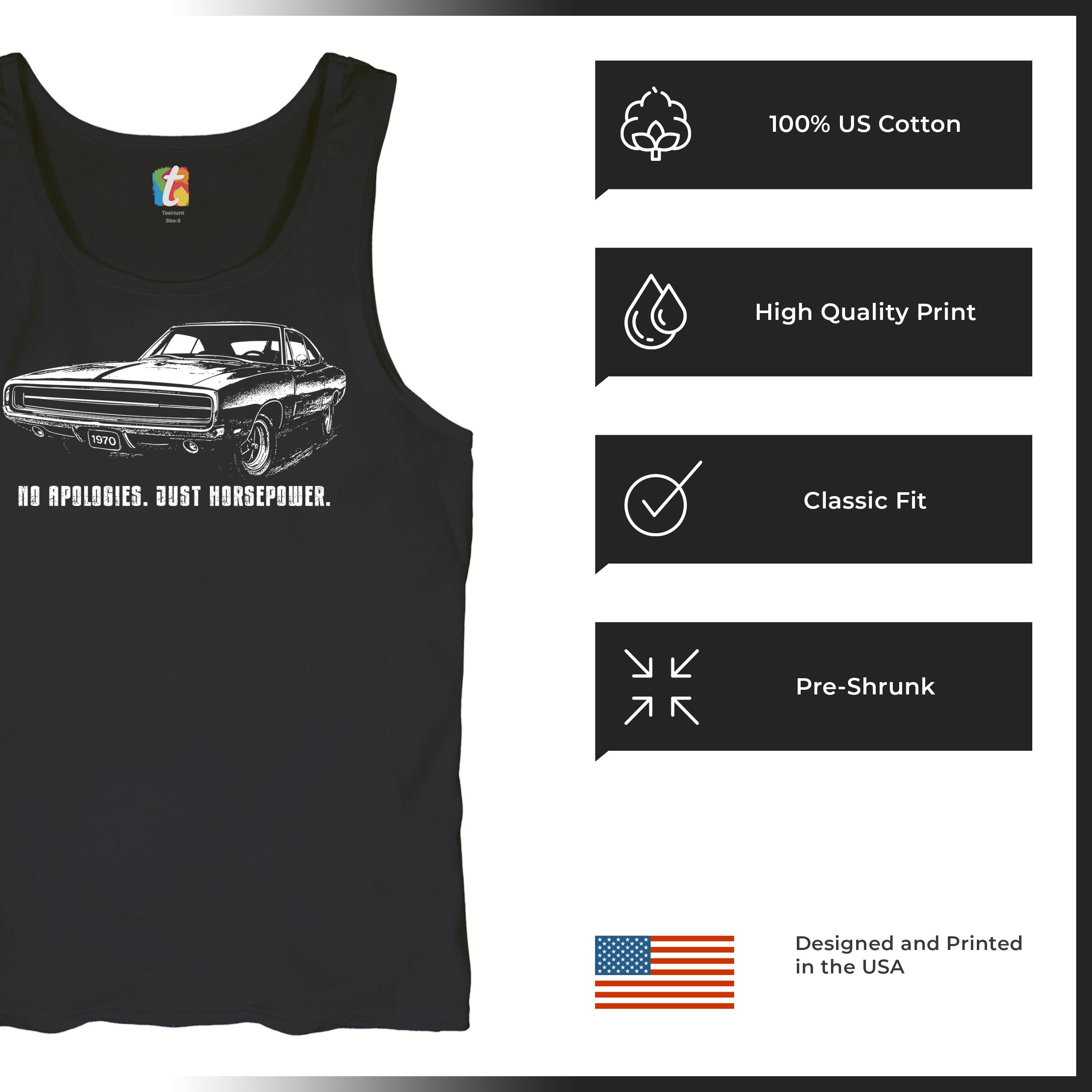 No Apologies Just Horsepower Tank Top Vintage '70 Muscle Car Classic Men's Top - Picture 7 of 29