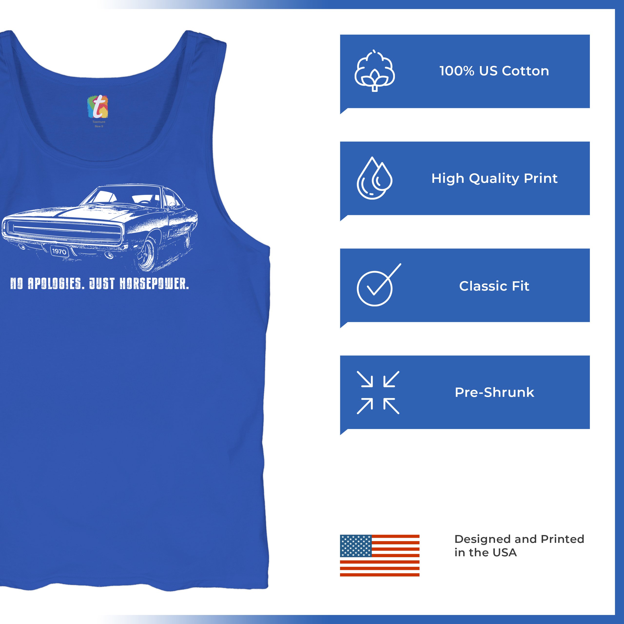 No Apologies Just Horsepower Tank Top Vintage '70 Muscle Car Classic Men's Top - Picture 28 of 29