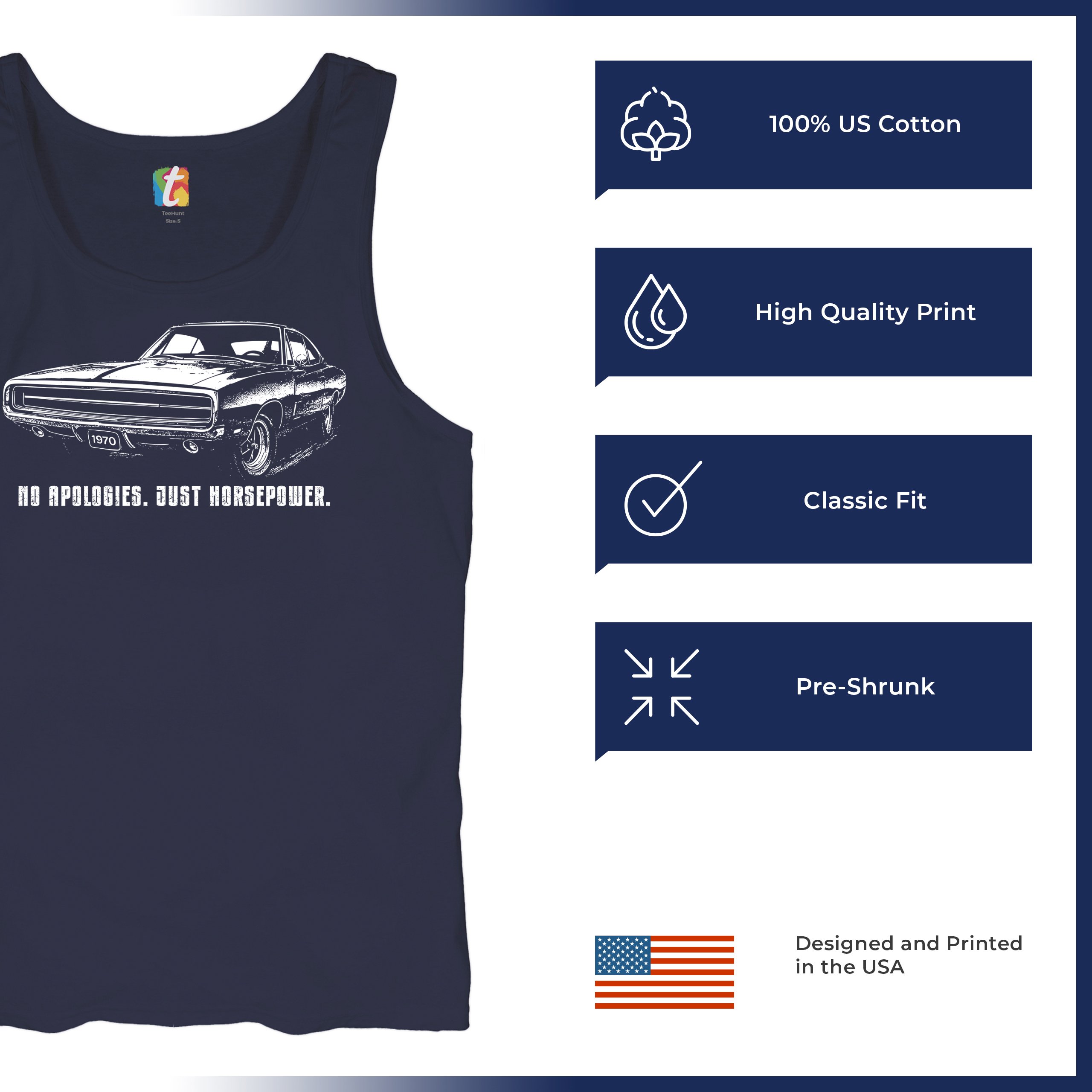 No Apologies Just Horsepower Tank Top Vintage '70 Muscle Car Classic Men's Top - Picture 21 of 29