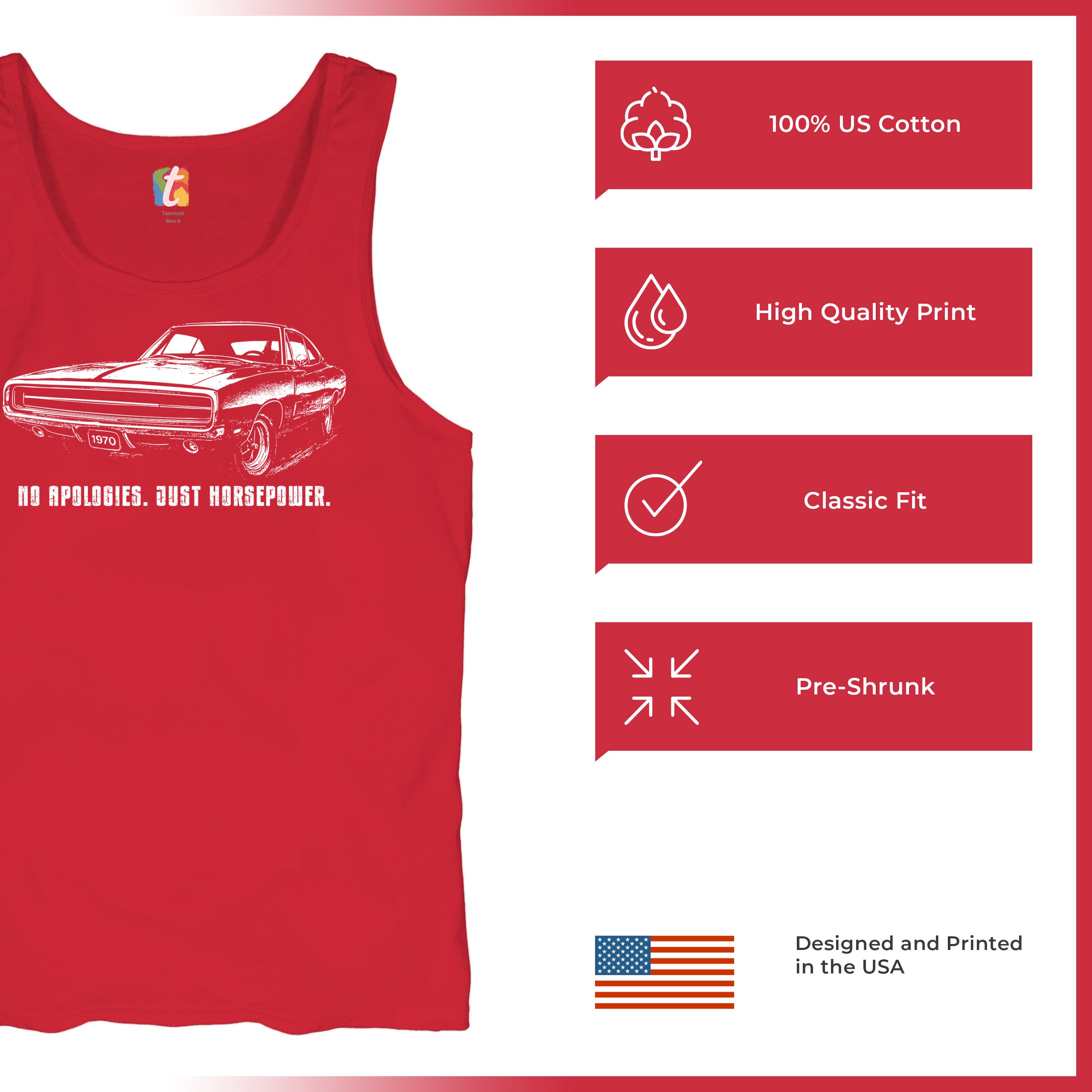 No Apologies Just Horsepower Tank Top Vintage '70 Muscle Car Classic Men's Top - Picture 14 of 29
