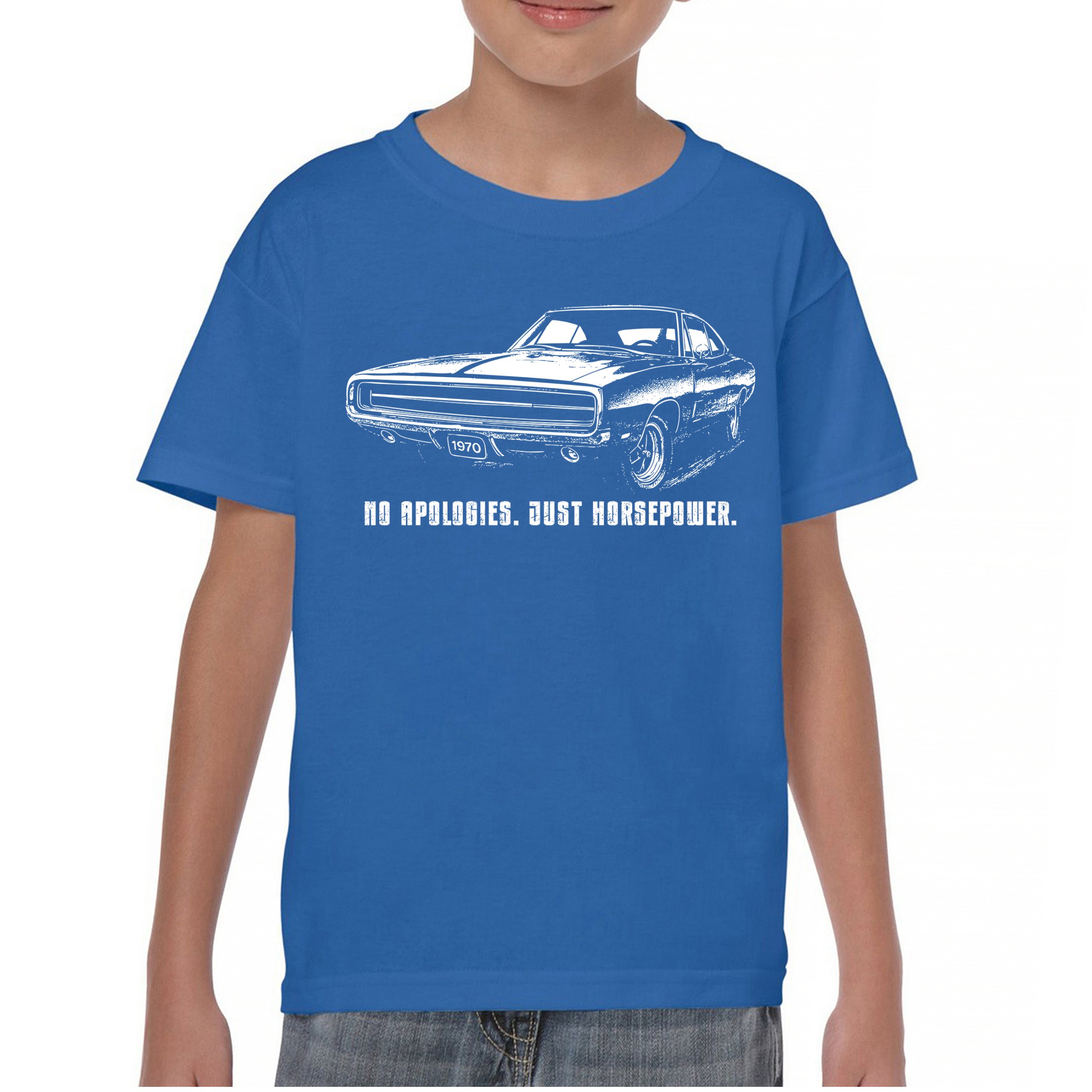 No Apologies Just Horsepower Youth T-shirt Vintage '70 Muscle Car Classic Kids - Picture 23 of 36