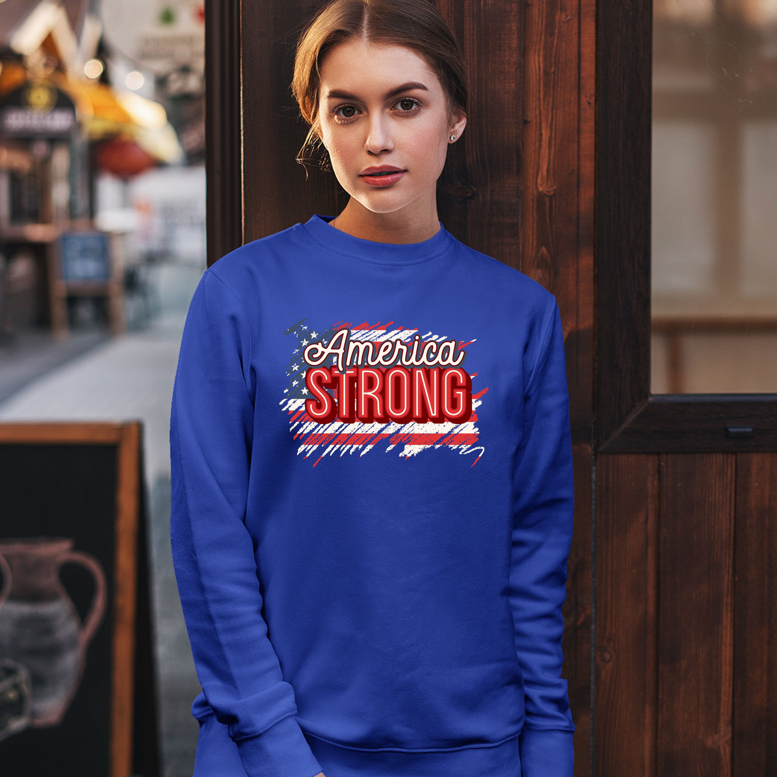 America Strong Sweatshirt Distressed American Flag 4th of July USA Crewneck - Picture 36 of 36