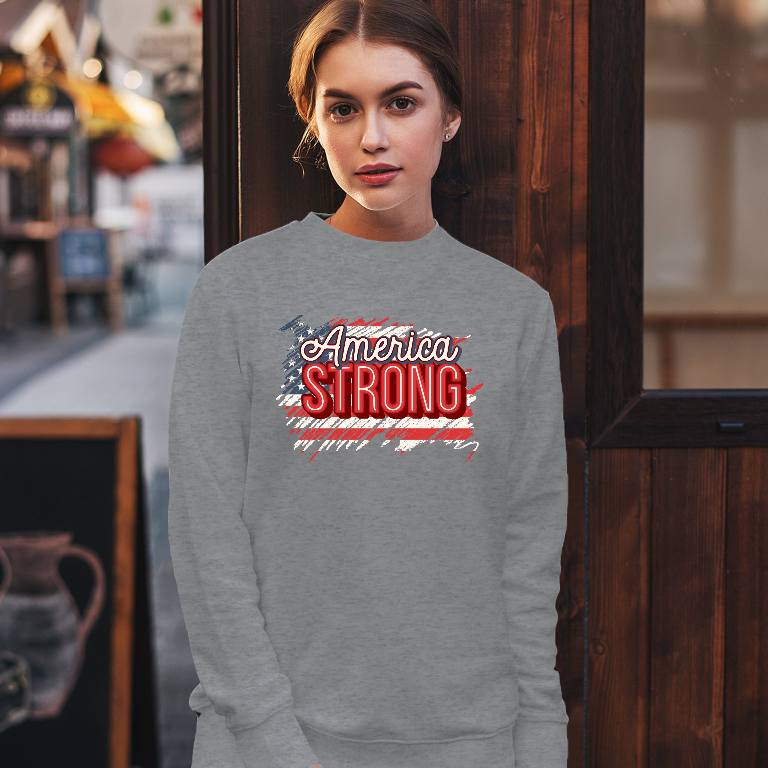 America Strong Sweatshirt Distressed American Flag 4th of July USA Crewneck - Picture 11 of 36