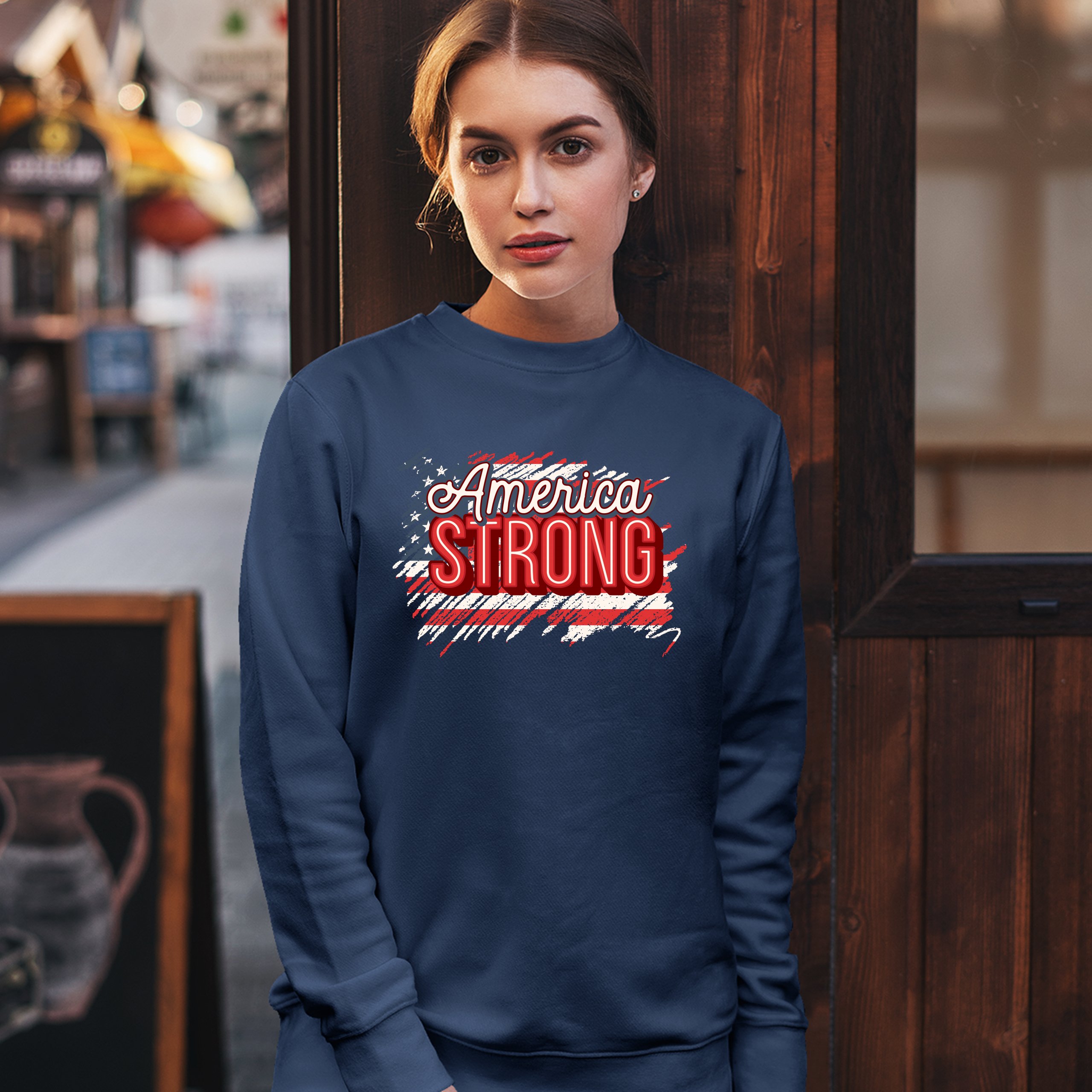 America Strong Sweatshirt Distressed American Flag 4th of July USA Crewneck - Picture 26 of 36