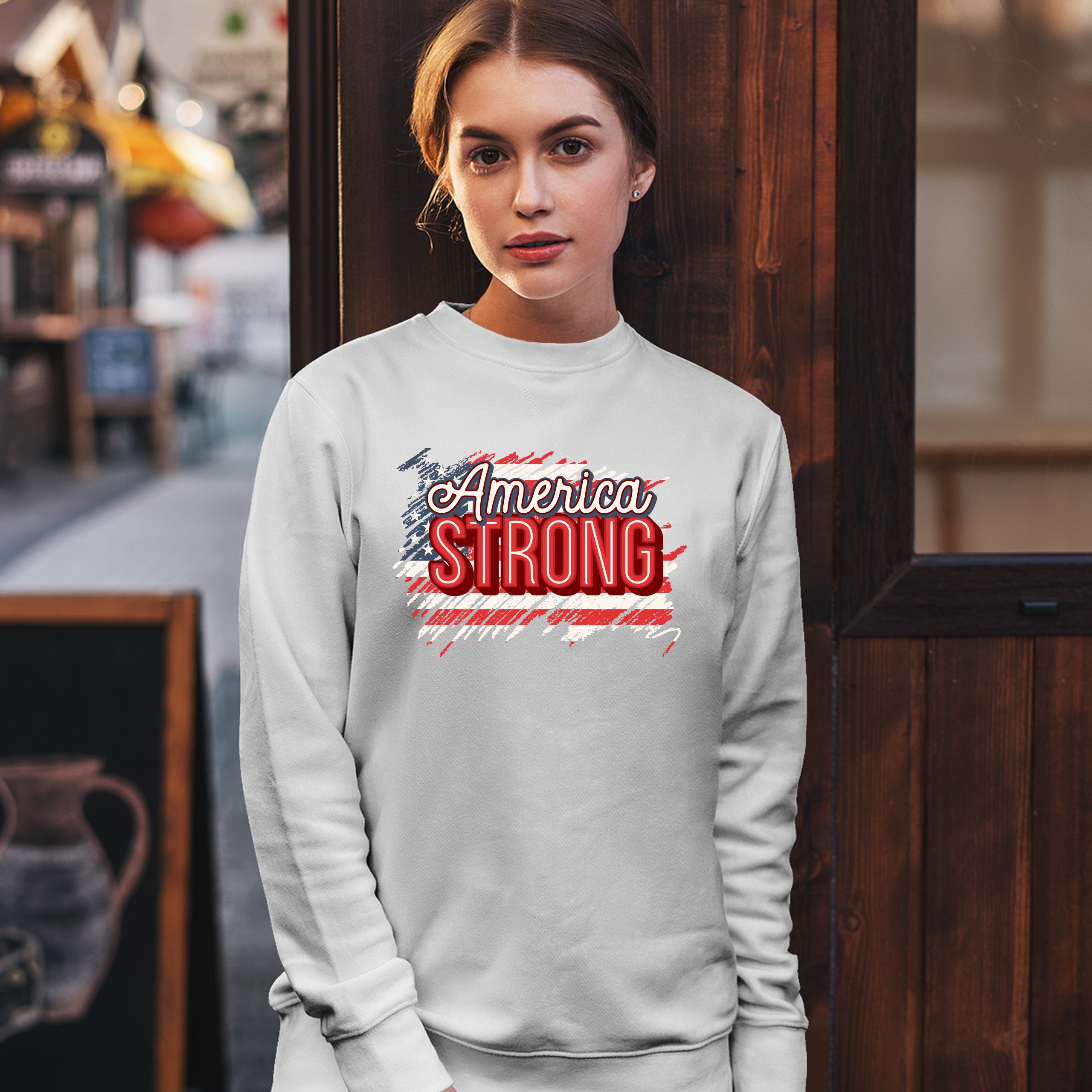 America Strong Sweatshirt Distressed American Flag 4th of July USA Crewneck - Picture 21 of 36