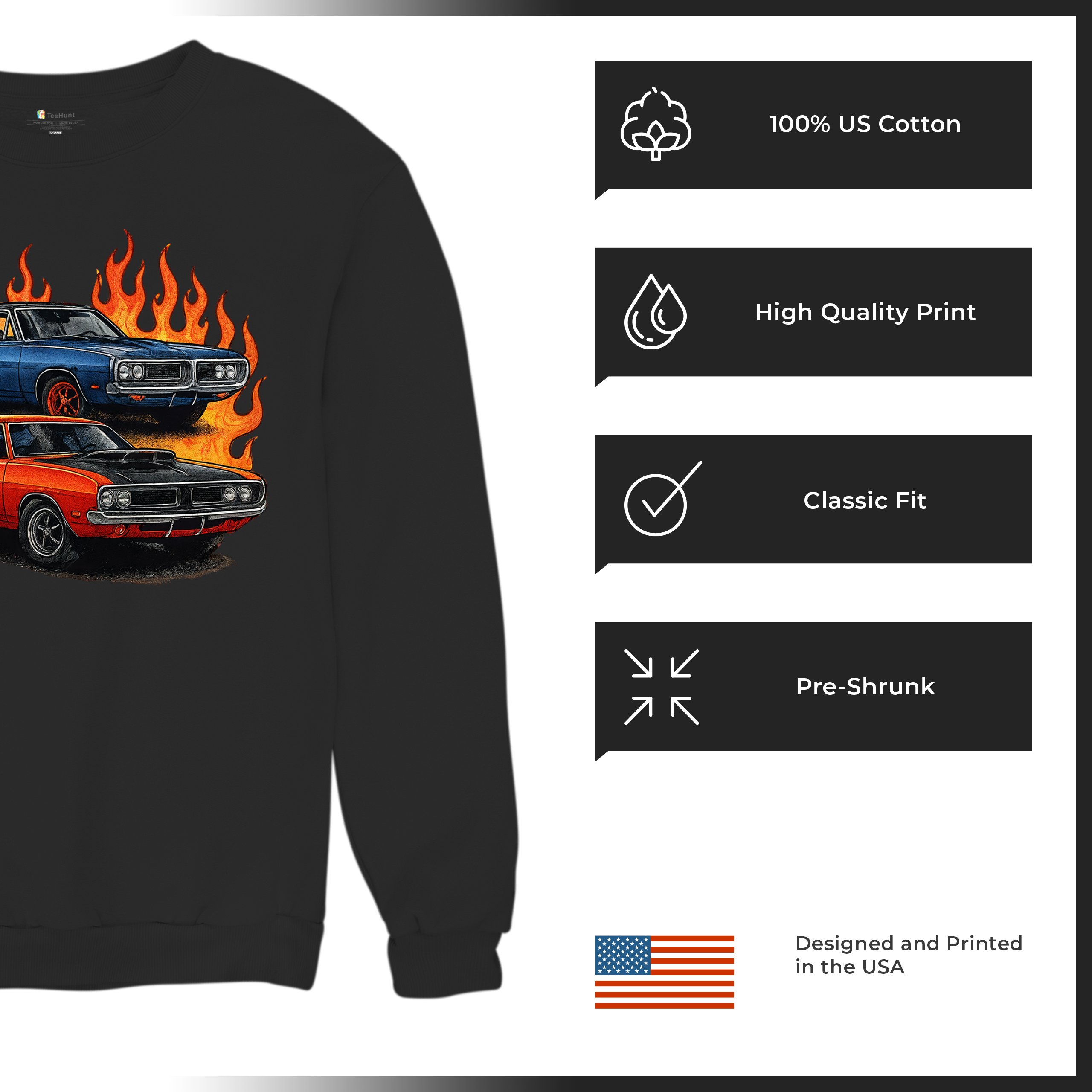 Classic American Muscle Car Flame Sweatshirt Vintage Horsepower V8 Crewneck - Picture 7 of 50