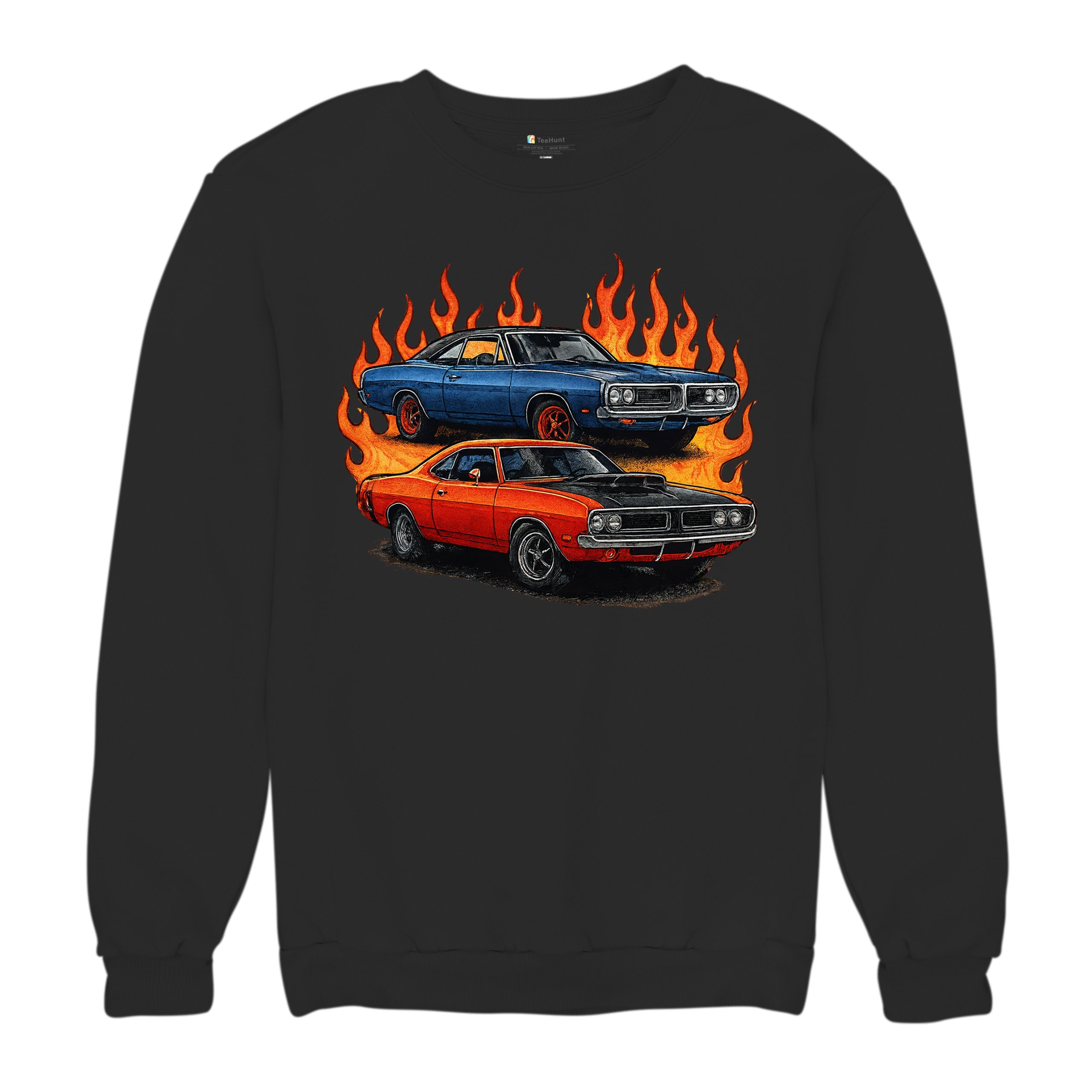 Classic American Muscle Car Flame Sweatshirt Vintage Horsepower V8 Crewneck - Picture 6 of 50