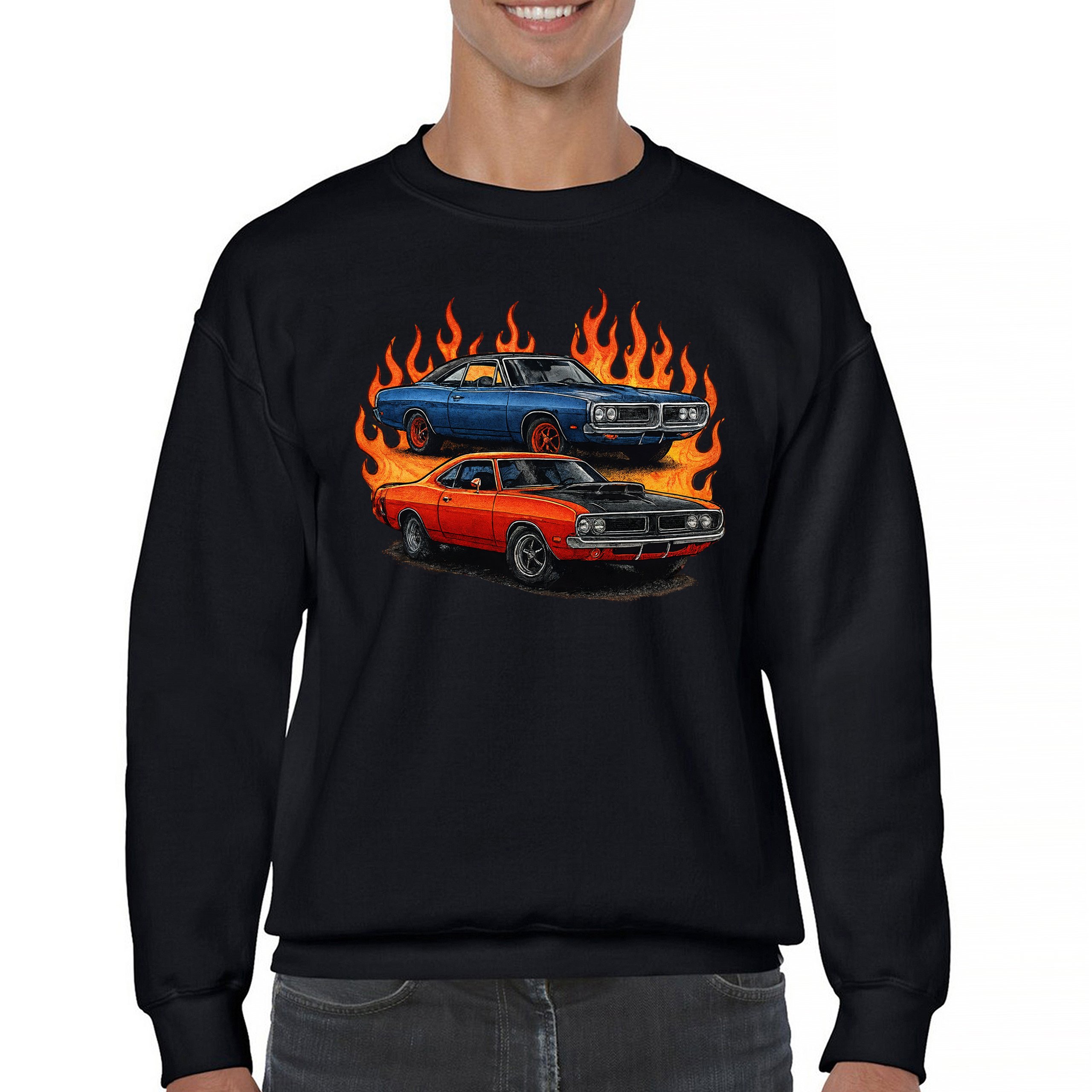 Classic American Muscle Car Flame Sweatshirt Vintage Horsepower V8 Crewneck - Picture 2 of 50
