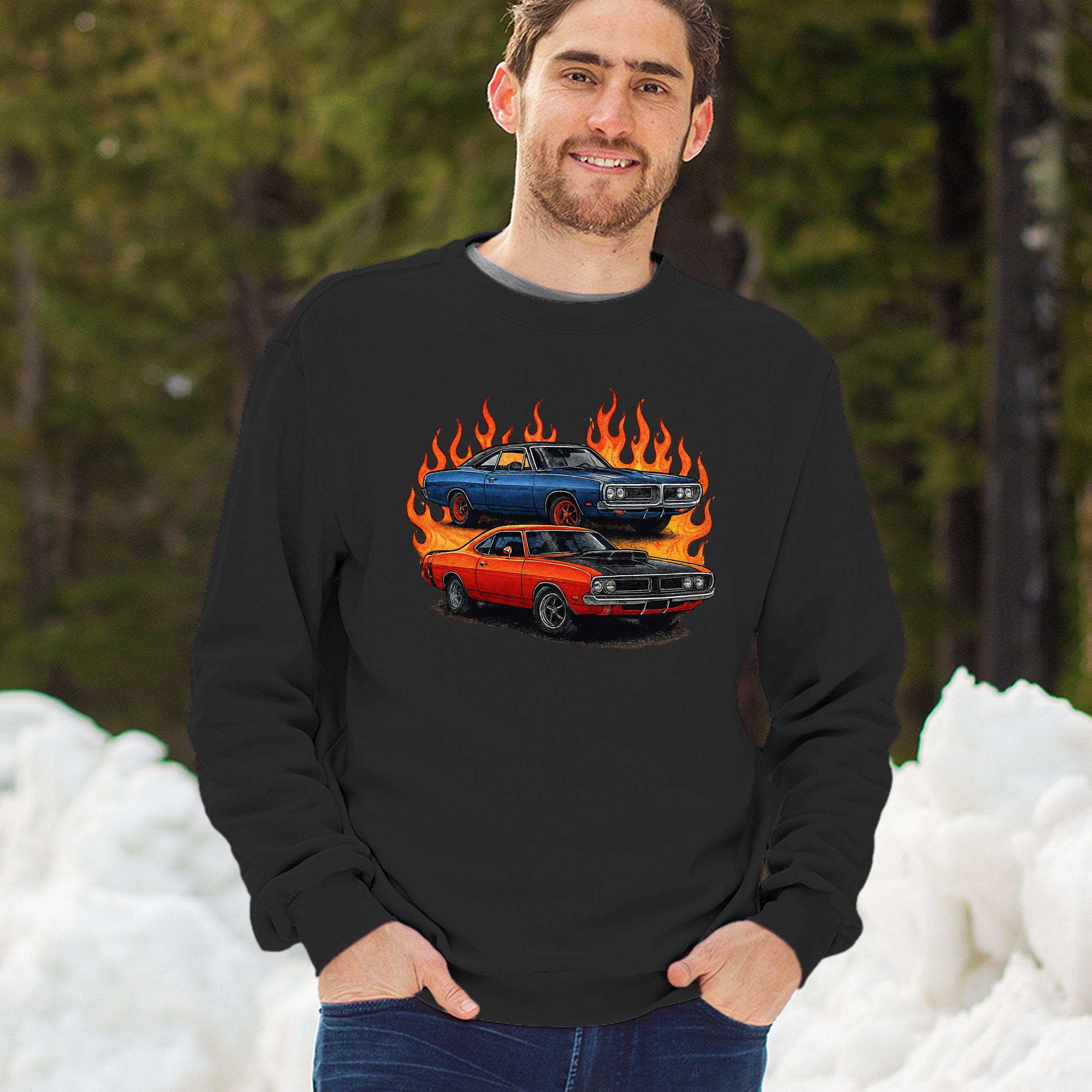 Classic American Muscle Car Flame Sweatshirt Vintage Horsepower V8 Crewneck - Picture 5 of 50