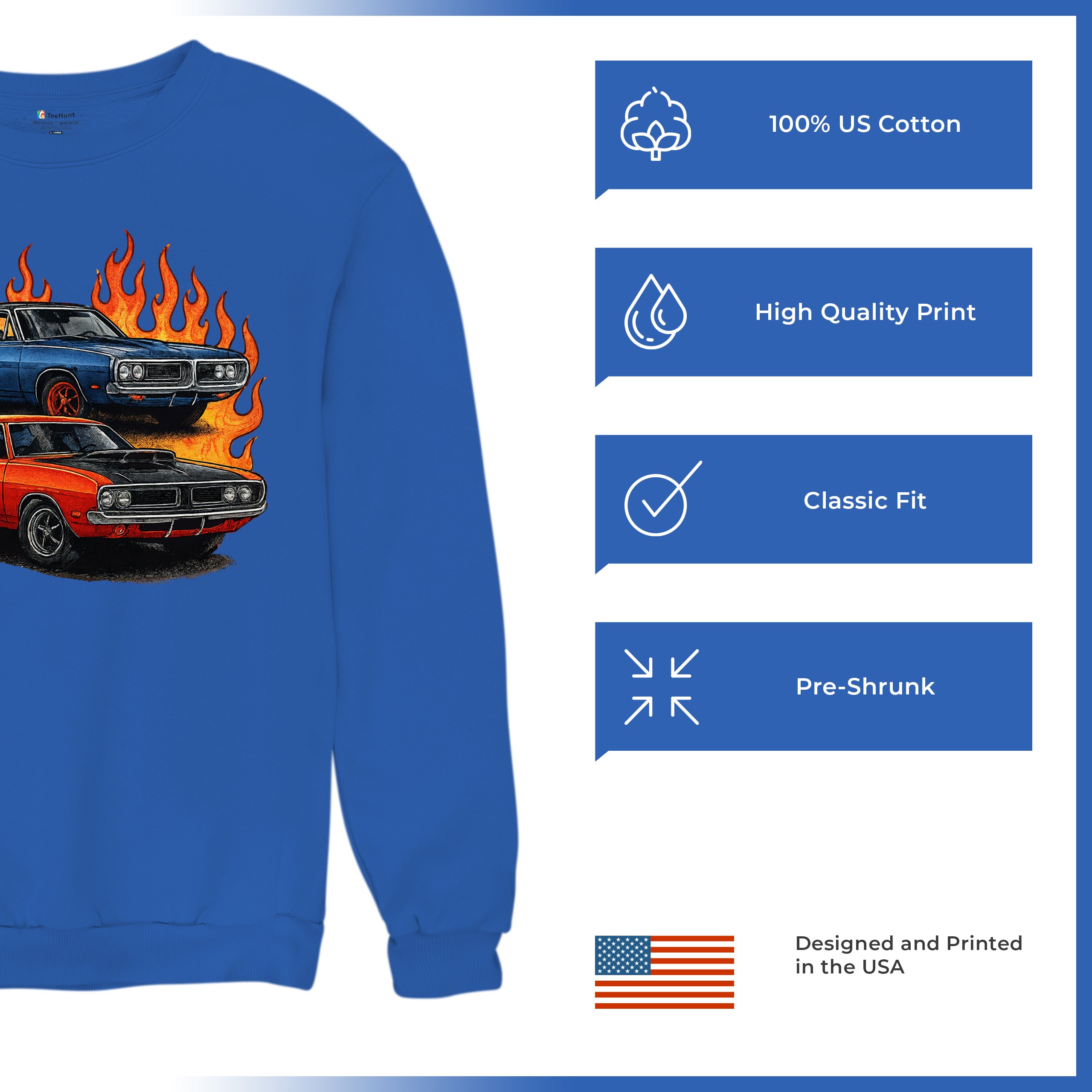 Classic American Muscle Car Flame Sweatshirt Vintage Horsepower V8 Crewneck - Picture 49 of 50