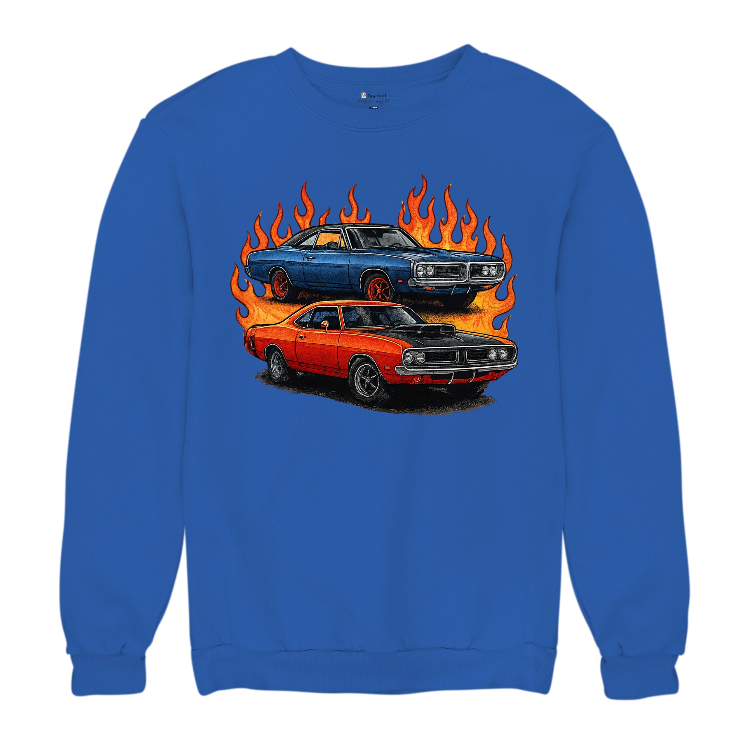 Classic American Muscle Car Flame Sweatshirt Vintage Horsepower V8 Crewneck - Picture 48 of 50